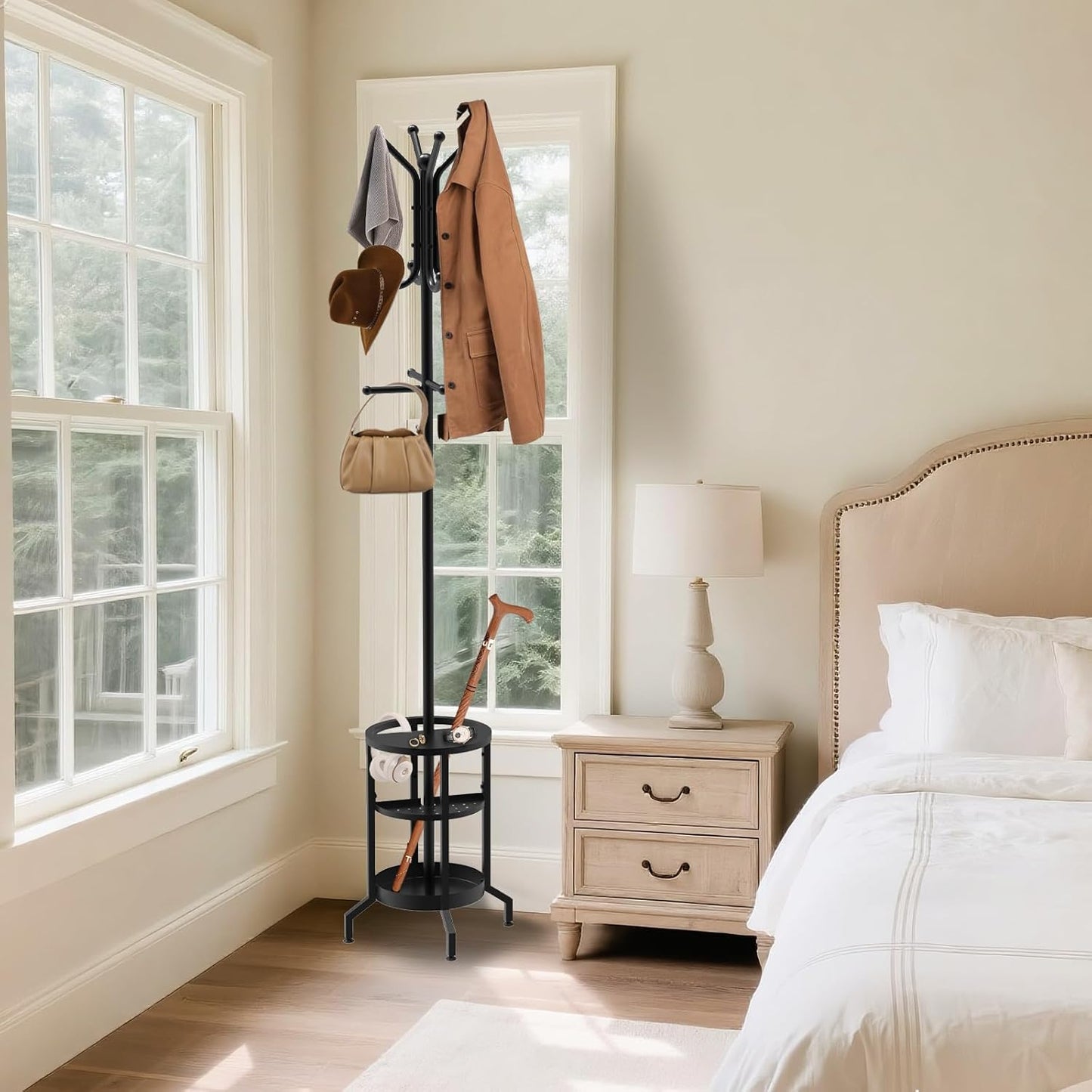 Coat Rack Freestanding, Coat Stand with Umbrella Holder, Metal Coat Tree with 12 Hooks, Coat Hanger Stand for Entryway, Coat Rack Stand for Bedroom, Living Room & Office