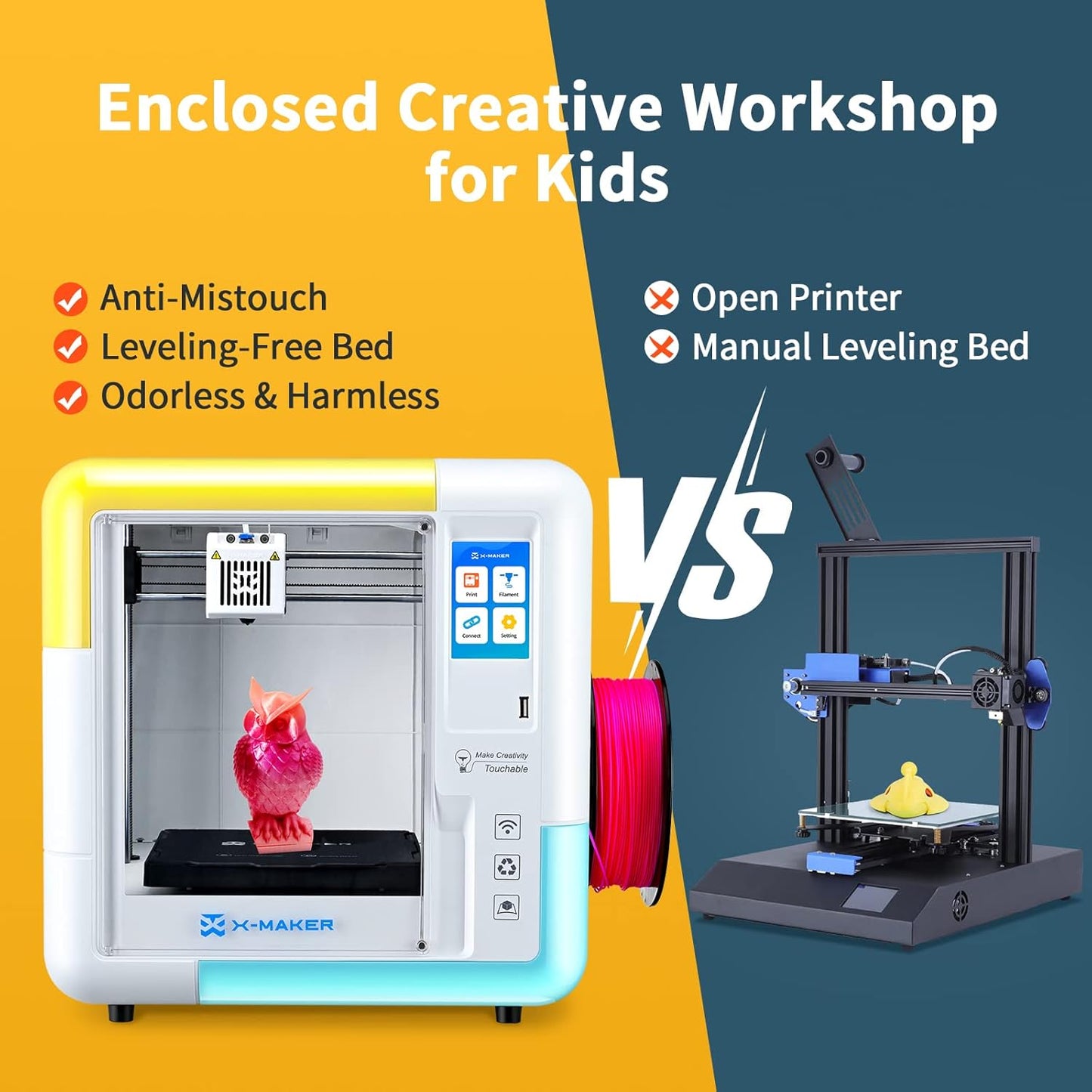 X-Maker 3D Printer for Kids and Beginners, Fully Assembled High-Speed 3D Printer with 8 PLA Filament Set, Leveling-Free Bed, Wi-Fi Printing, Resume Printing, Silent, High Precision, with App