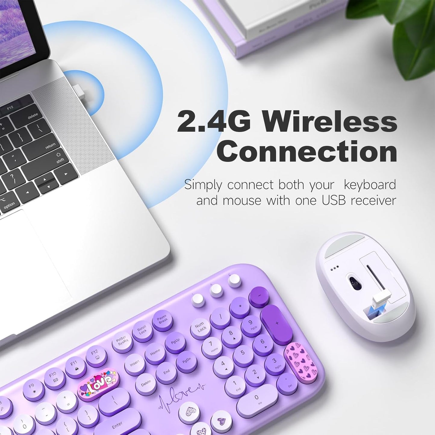 Wireless Keyboard and Mouse, Typewriter Full Size Keyboard with Number Pad and 2 in 1 USB Connected Mouse for Windows 7/8/10, Laptop, Desktop, PC, Computer (Purple Colorful)