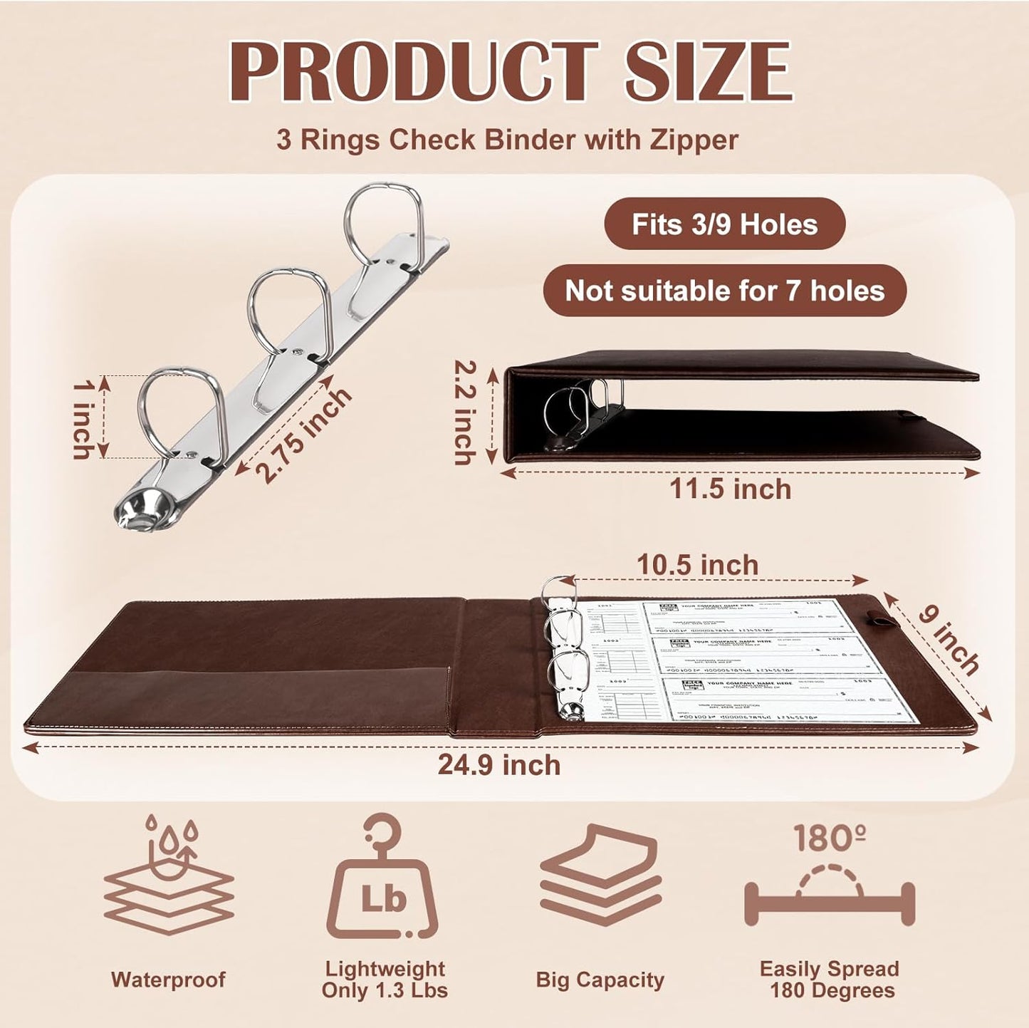 9" x11 1/4" PU Leather 3 Rings Personal Checks Binder for End-Stub Deskbook 3-Ring Binders for Desk Check fit 3 & 9 Holes Checkbook Binder Cover for Business Finances (Not Fit 7 Holes,Dark Brown)