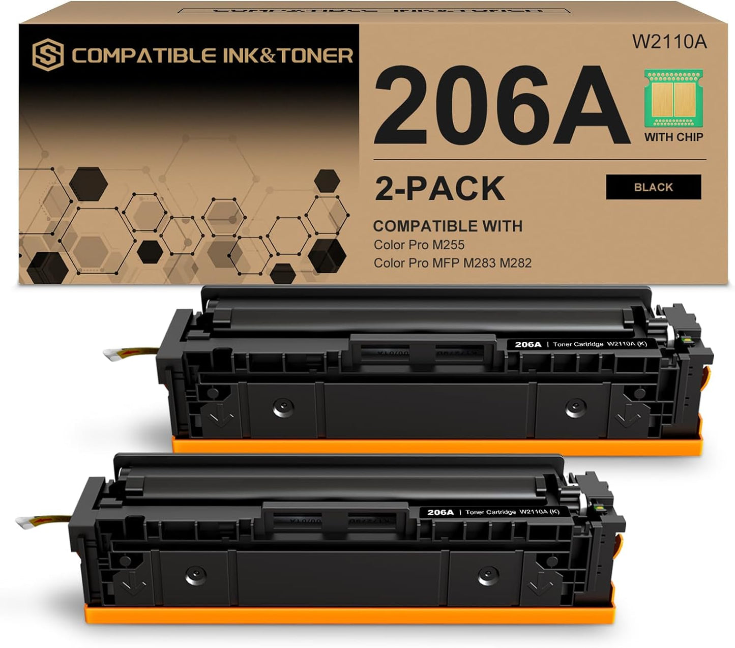206A Toner Cartridges Black (with Chip) Works with HP Color Pro MFP M283fdw M283cdw, Pro M255dw M255nw, MFP M282nw M283 M282 M255 Printer | W2110A 206X W2110X, Pack of 2