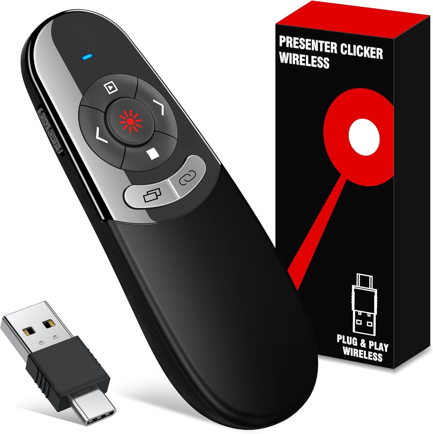 2 in 1 USB Type C Presentation Clicker with Red Light Pointer, Wireless Presenter for PowerPoint Presentation PPT Clicker, 2.4GHz Presenter Remote Slide Advancer for MacBook/Computer/Laptop