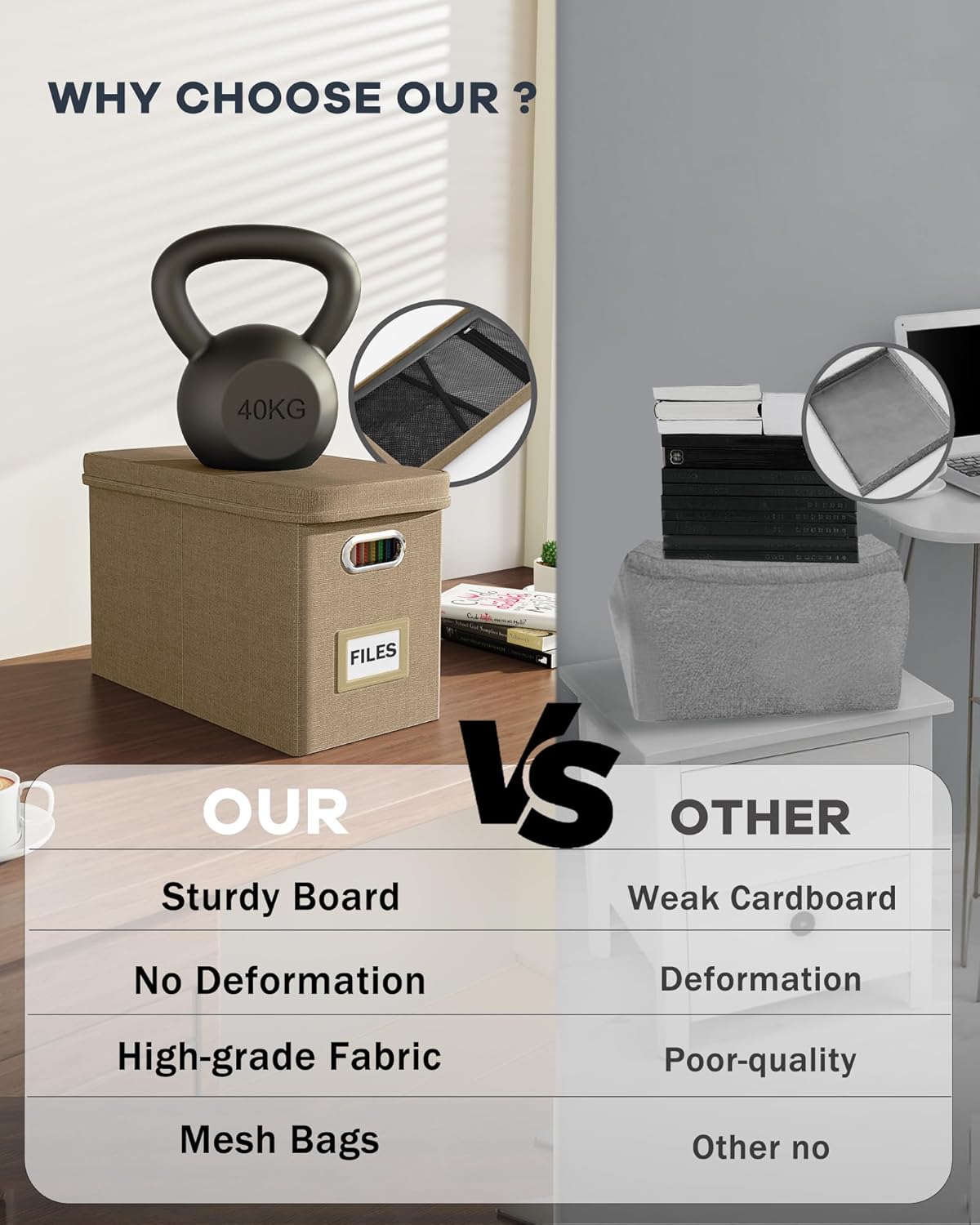 Oterri Hanging Filing File Box with Mesh Pocket, File Organizer Box with Lid, Collapsible Document Organizer Box for Letter Size, Easy Slide Durable Storage Box for Office/Decor/Home (2 PCS, Khaki)