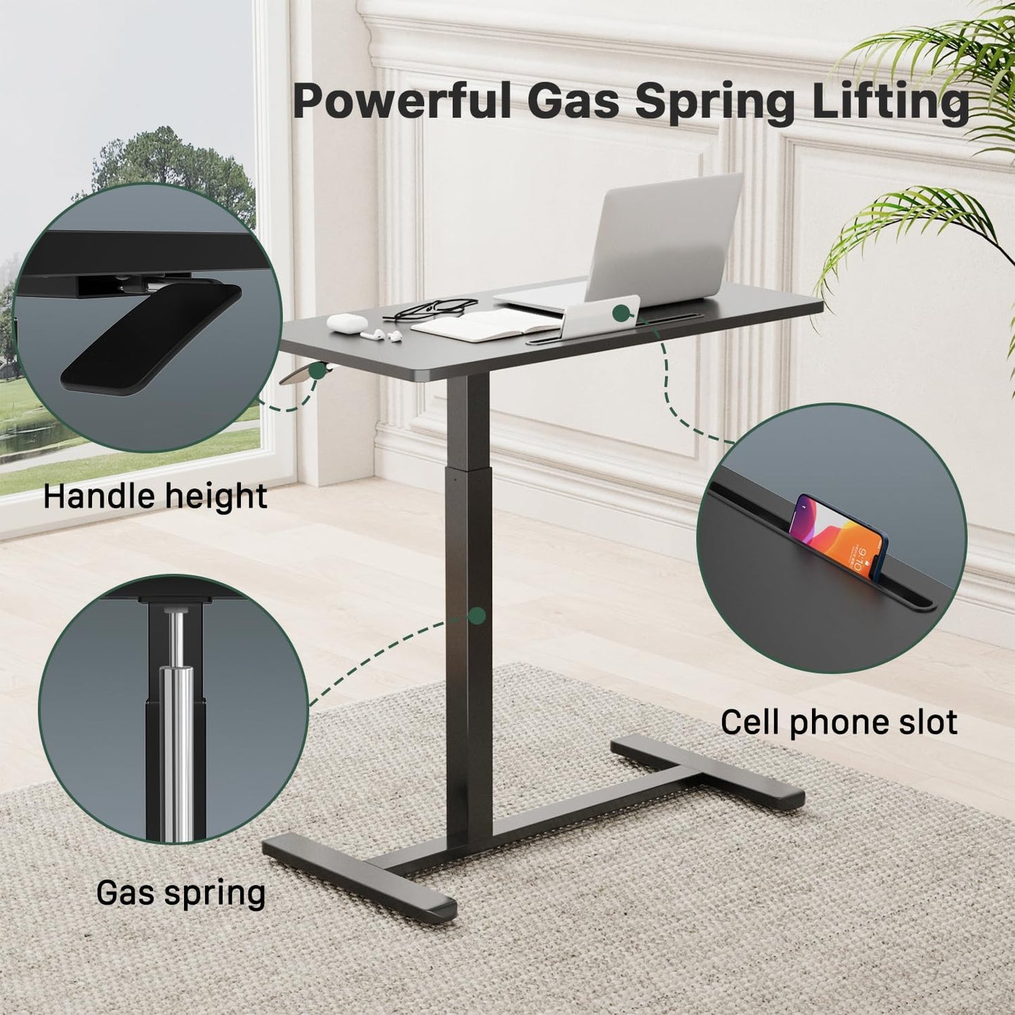 Mobile Standing Desk, Pneumatic Adjustable Rolling Desk(31.5 Inches), Portable Laptop Desk with Wheels, Overbed Bedside Table Laptop Table for Couch, Home, Office, Black