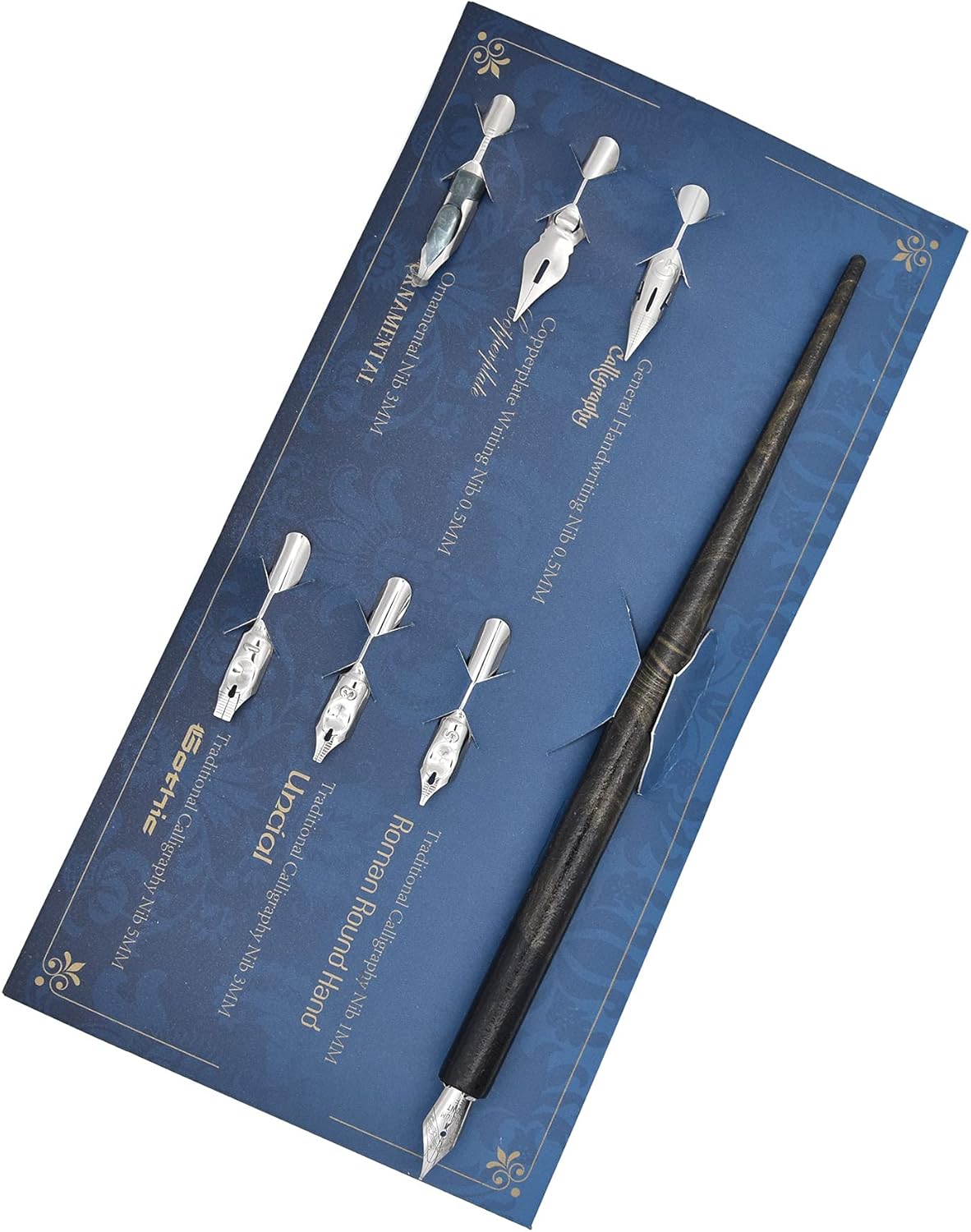 Gullor Wooden Dip Pen Calligraphy Set with Black Ink & 6 Nibs for Beginners, Kids, Writing, Signatures and Drawing, Black