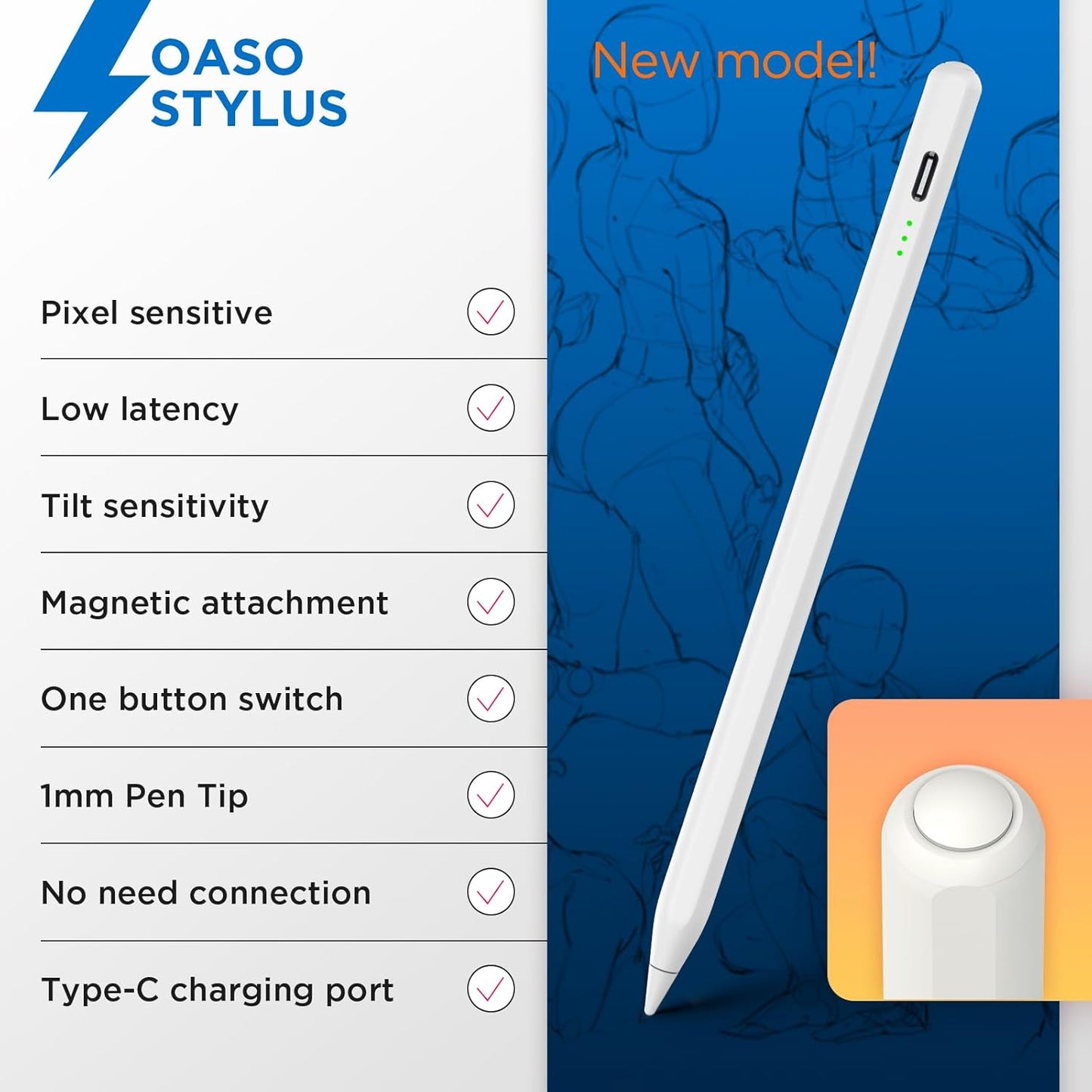 OASO Stylus Pen Set, Universal Stylus & Tilt Drawing Palm Rejection Stylus Pencil for Apple iPad 6/7/8/9/10, Mini 5/6, Air 3/4/5, Pro 11''/12.9'', M4/M2, Stylus with Pencil Grip & Replacement Tips.