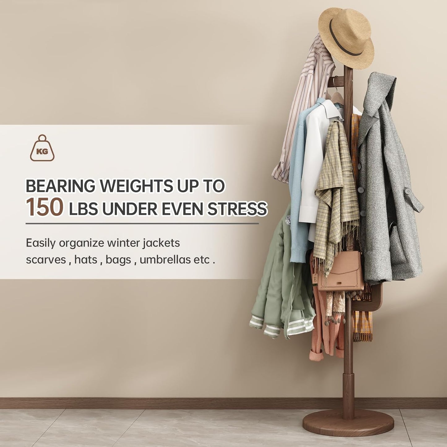 Solid Wood Cactus Coat Rack, Freestanding Coat Rack With 6 L-Shaped Hooks and 3 Adjustable Sizes, Coat Tree for Bedroom, Entryway, Livingroom, Coat Hanger Stand for Coats, Handbags (Walnut)