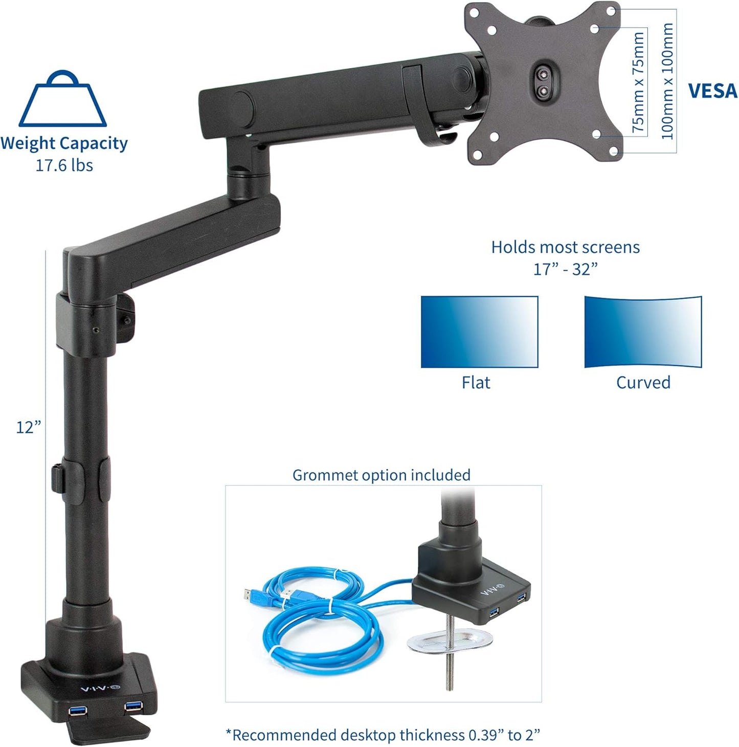 VIVO Premium Aluminum Full Motion Single Monitor Desk Mount Stand with Lift Engine Arm, Pole Extension, and USB Ports, Fits Screens up to 32 inches, STAND-V101BDU