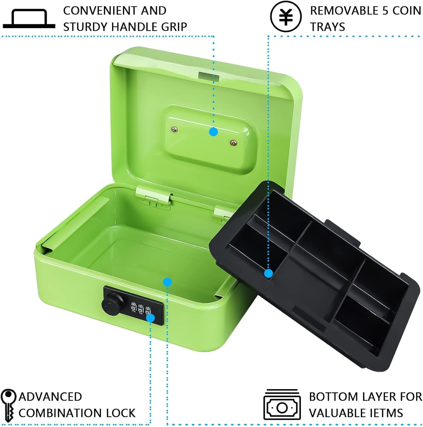 KYODOLED Cash Box with Combination Lock,Safe Metal Box for Money,Storage Lock Box with Money Tray,7.87"x 6.30"x 3.54" Limegreen Medium
