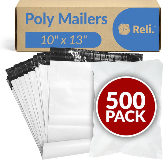 Reli. Poly Mailers 10x13 | 500 Pcs Bulk | Envelopes | White Packaging Bags for Shipping | Non-Padded Polymailers, Self Sealing Shipping Bags for Clothing, Bulk (White)