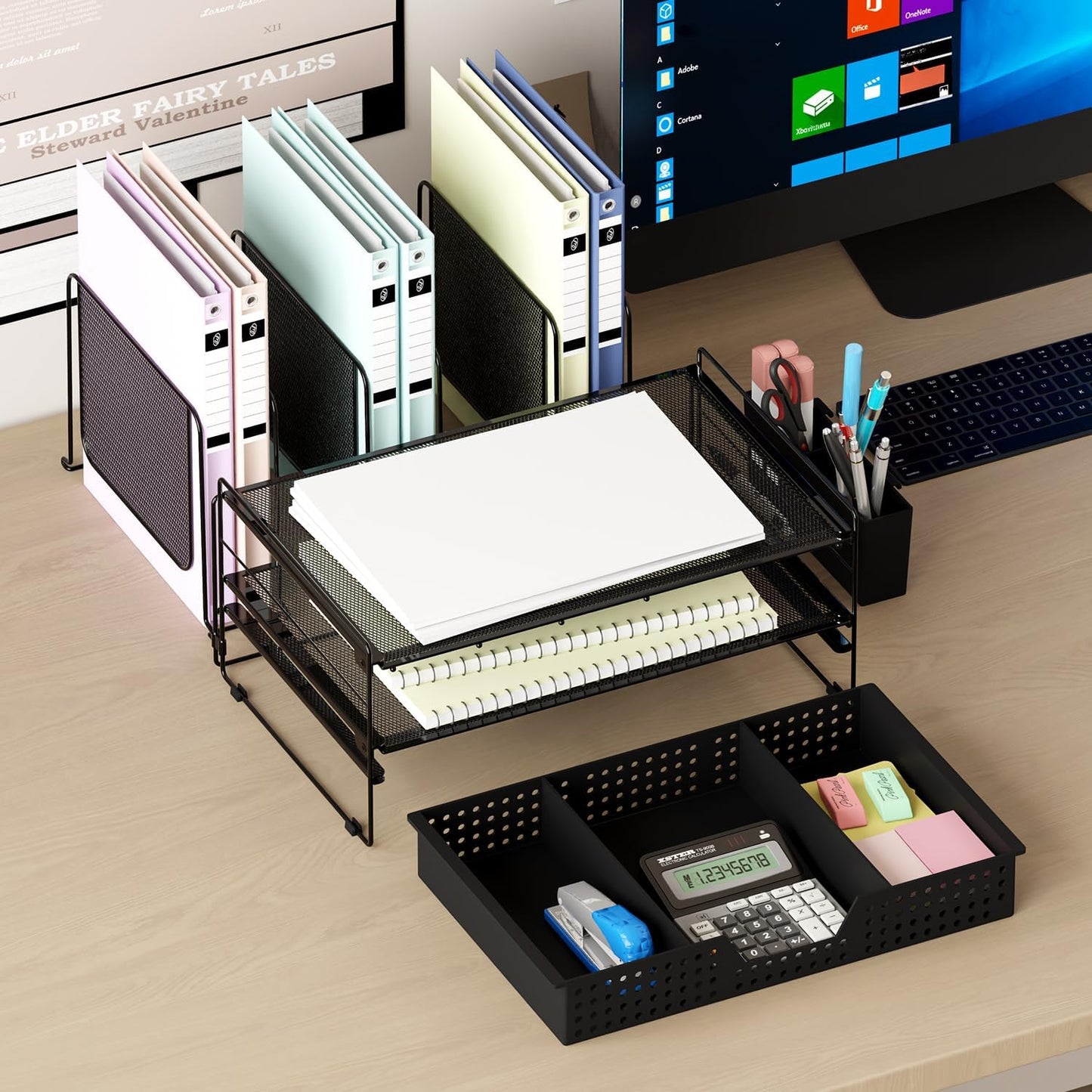 Desk Organizer, Office Organization with Vertical File Holder, File Organizer with Drawer and Pen Holder, Desk Accessories and Workspace Organizers for Home Office (Black)