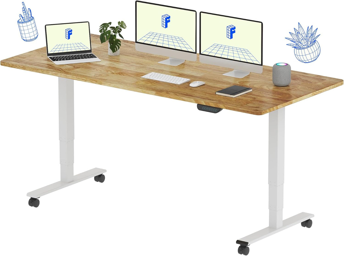 FLEXISPOT E6 MAX Rubber Wood Dual Motor 3 Stages Standing Desk 71x30 Inch Whole-Piece Board Electric Height Adjustable Stand Up Desk 150KG Load Capacity(White Frame + Rubber Wood Desktop)