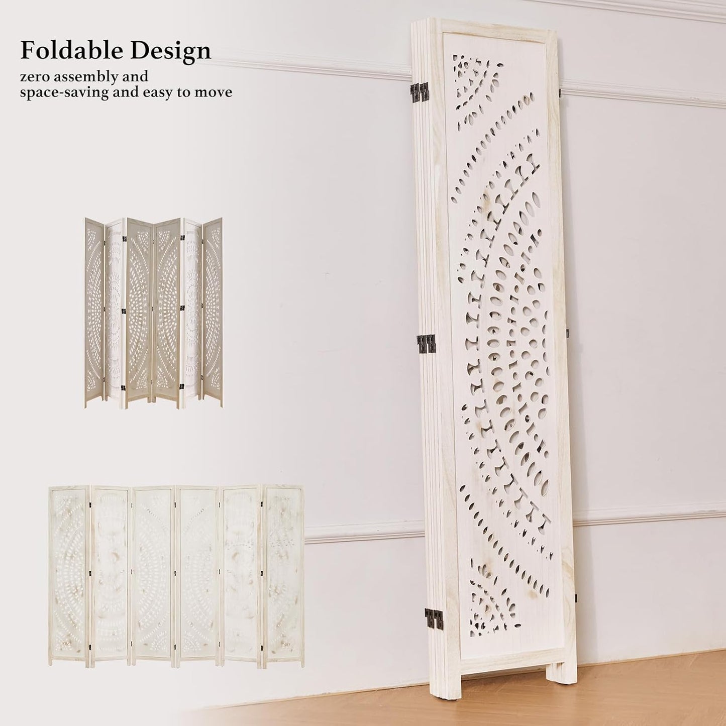 66.9Inch Folding Room Divider, 6 Panels Wood Carved Privacy Screens, Free Assembled Freestanding Partition for Home Office Restaurant Bedroom (White-Washed)