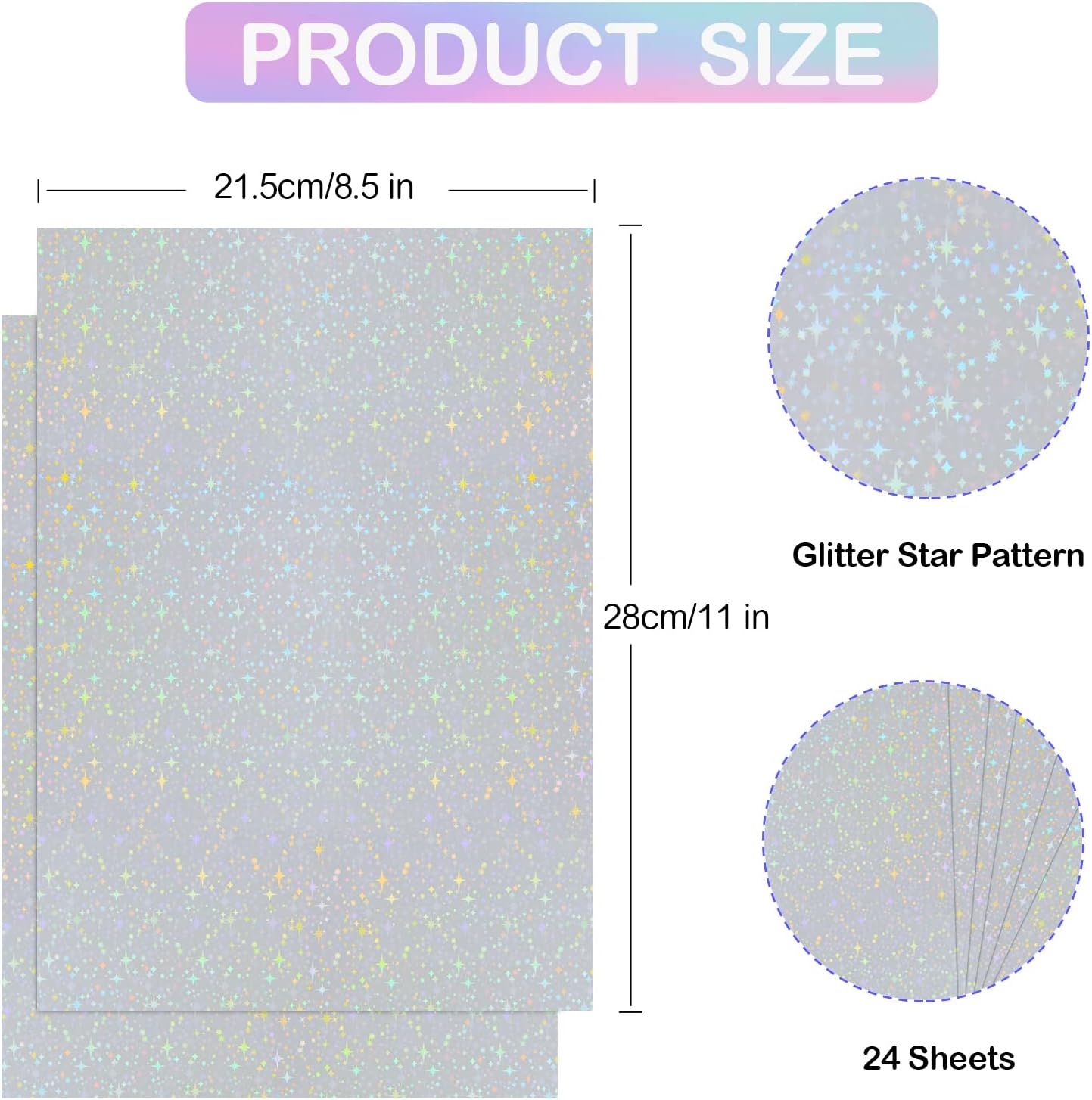 24 Sheets Holographic Sticker Paper Transparent Holographic Laminate Sheets Self Adhesive Glitter Film Laminating Sheets Clear Waterproof Vinyl Overlay for DIY Crafts, 8.5 x 11 inch Star Pattern