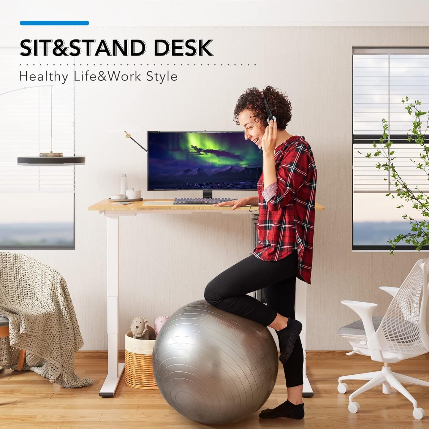 FLEXISPOT E6 Essential Bamboo 3 Stages Dual Motor 60x30 Inch Electric Height Adjustable Standing Whole-Piece Board Desk Sit Stand Up Desk (White Frame + Bamboo Desktop)