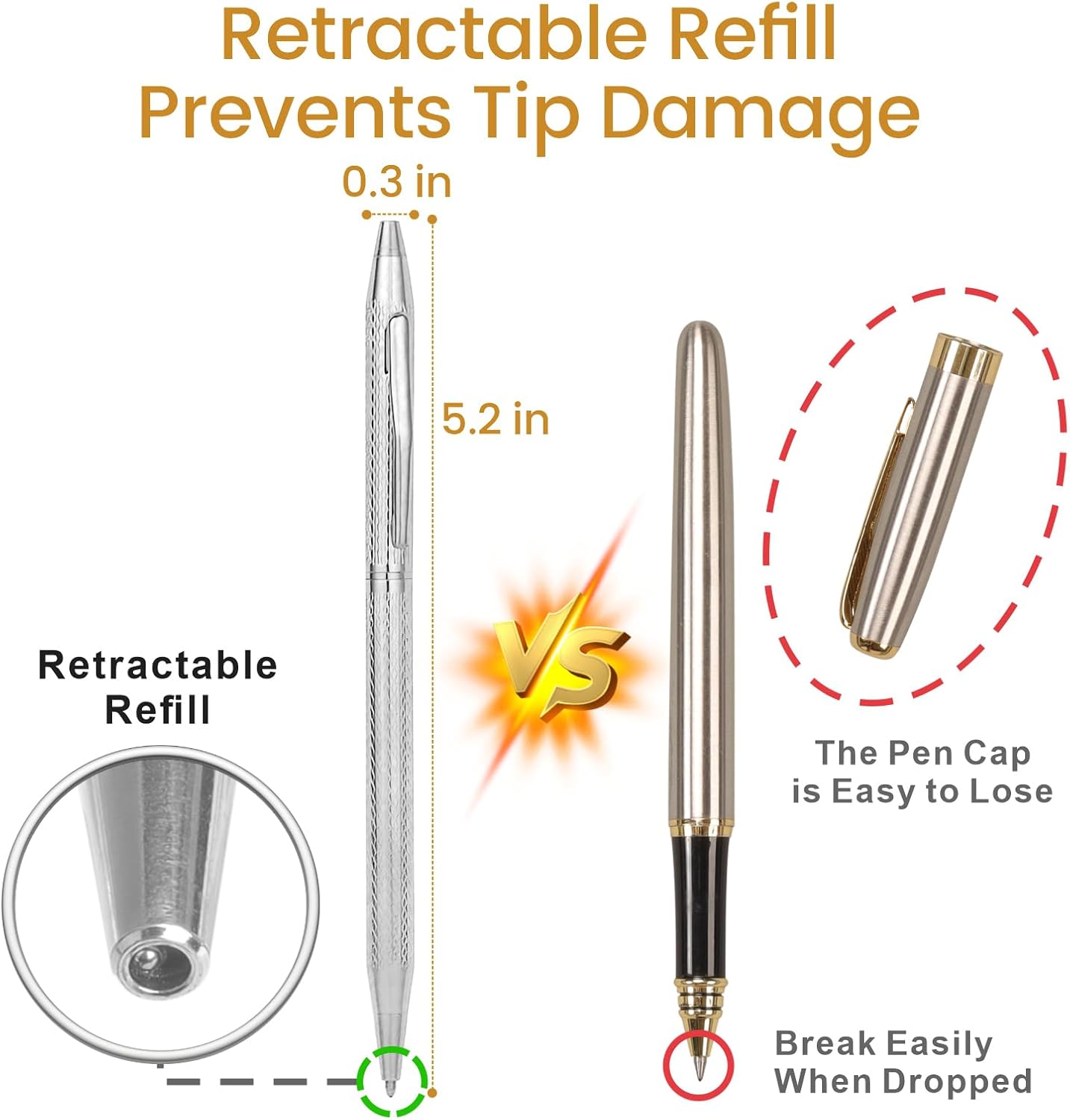 Cambond Ballpoint Pens Fancy Pens - Wedding Guest Book Metal Pen Uniform Christmas Gift Sliver Pen Black Ink 1.0mm Medium Point, 3 Pens with 3 Refills (Silver)