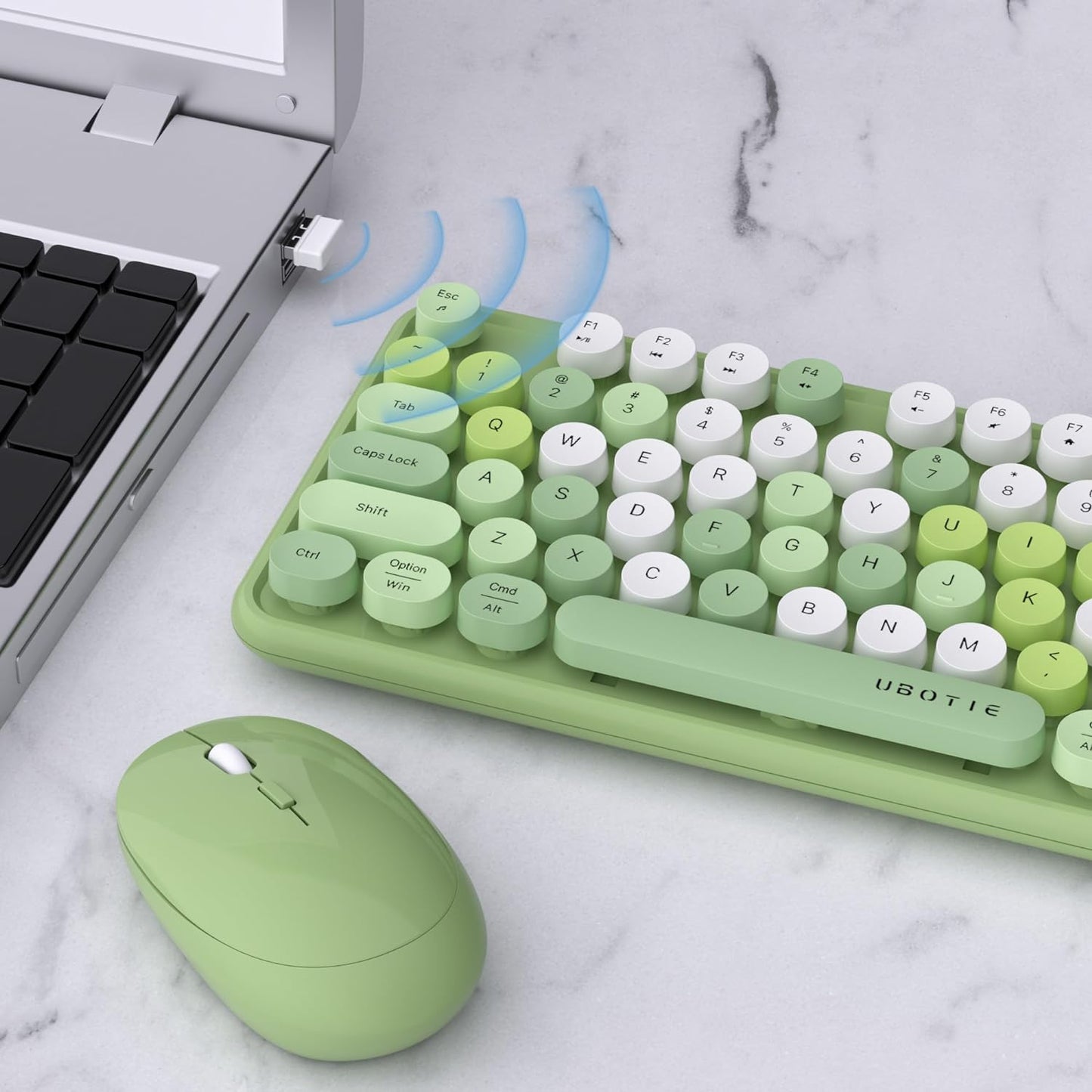 UBOTIE Colorful Computer Wireless Keyboards Mouse Combos, Typewriter Flexible Keys Office Full-Sized Keyboard, 2.4GHz Dropout-Free Connection and Optical Mouse (Green-Colorful)