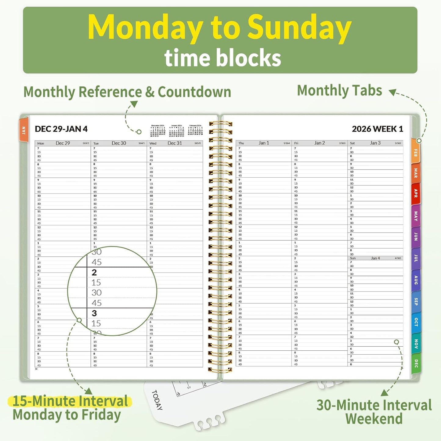 SUNEE 2026 Appointment Book, Quarter-Hourly, Weekly & Monthly - from January 2026 - December 2026, 8.5"x11" Weekly Planner, Flexible Cover, Note Pages, Pockets, Bookmark, Spiral Binding, Green