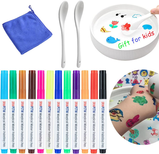 IRWPITW Magical Water Painting Pens for Kids, 12 Colors Magic Drawing Pen Bundle, Kiddies Create Magic Pen Floating Ink Drawings Set with Spoons and Towel, Tattoo Water Marker Gifts for Boys and Girls