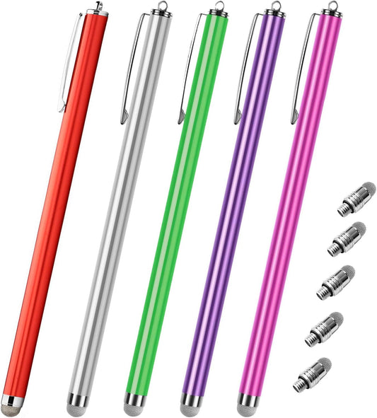 Extra Long Stylus pens for Touch Screens [5 Pack Fiber mesh Tips] Compatible for iPad iPhone Android Tablet Laptop Surface Chromebook High Sensitivity & Fine Point Capacitive Pen