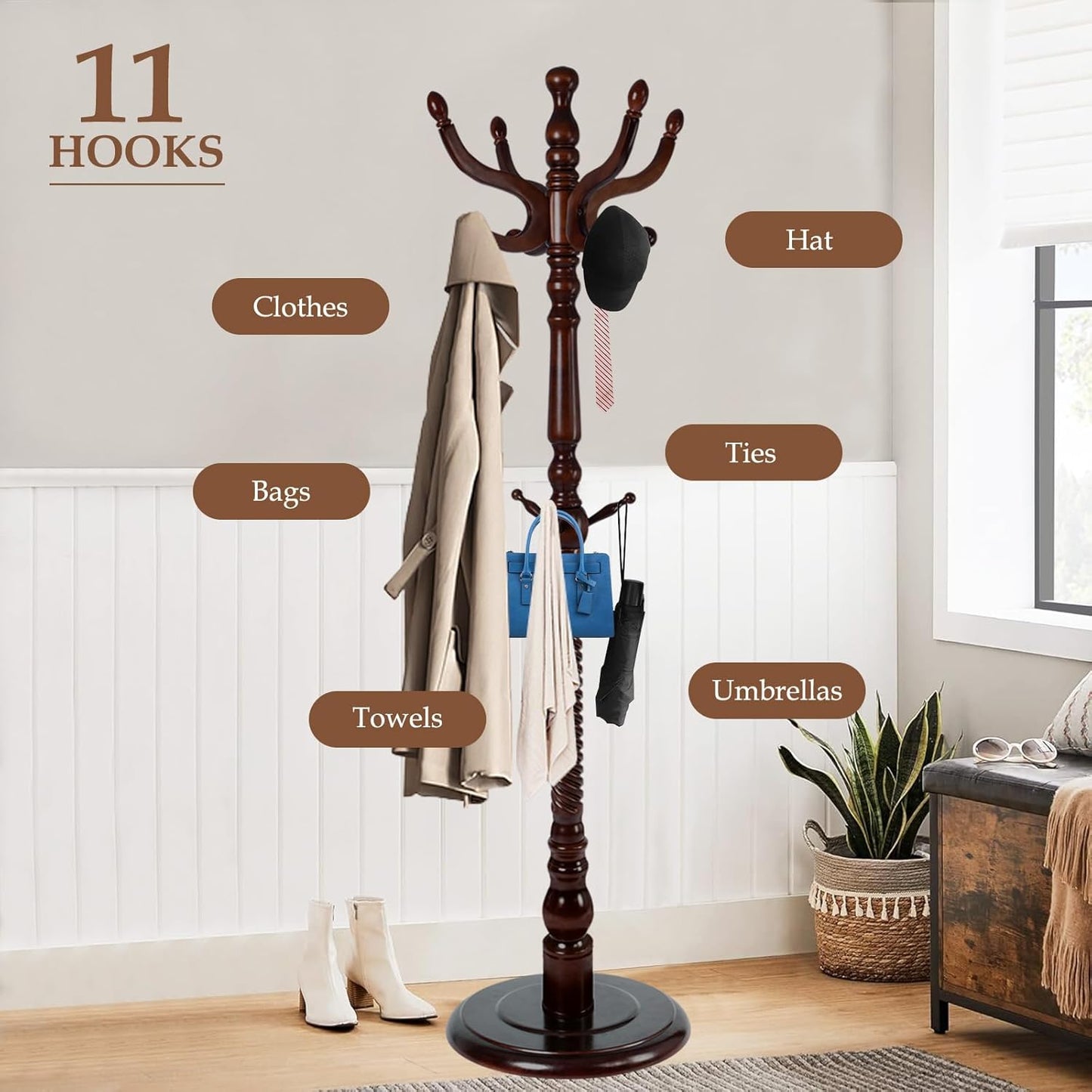 Wood Coat Rack Freestanding, Natural Coats Tree Stand with 14 Hooks, 73" Sturdy and Easy Assembly Coat Rack Stand for Entryway, Hallway, Bedroom, Bags, Hats (Heavy-duty Disc Base, Walnut Color)