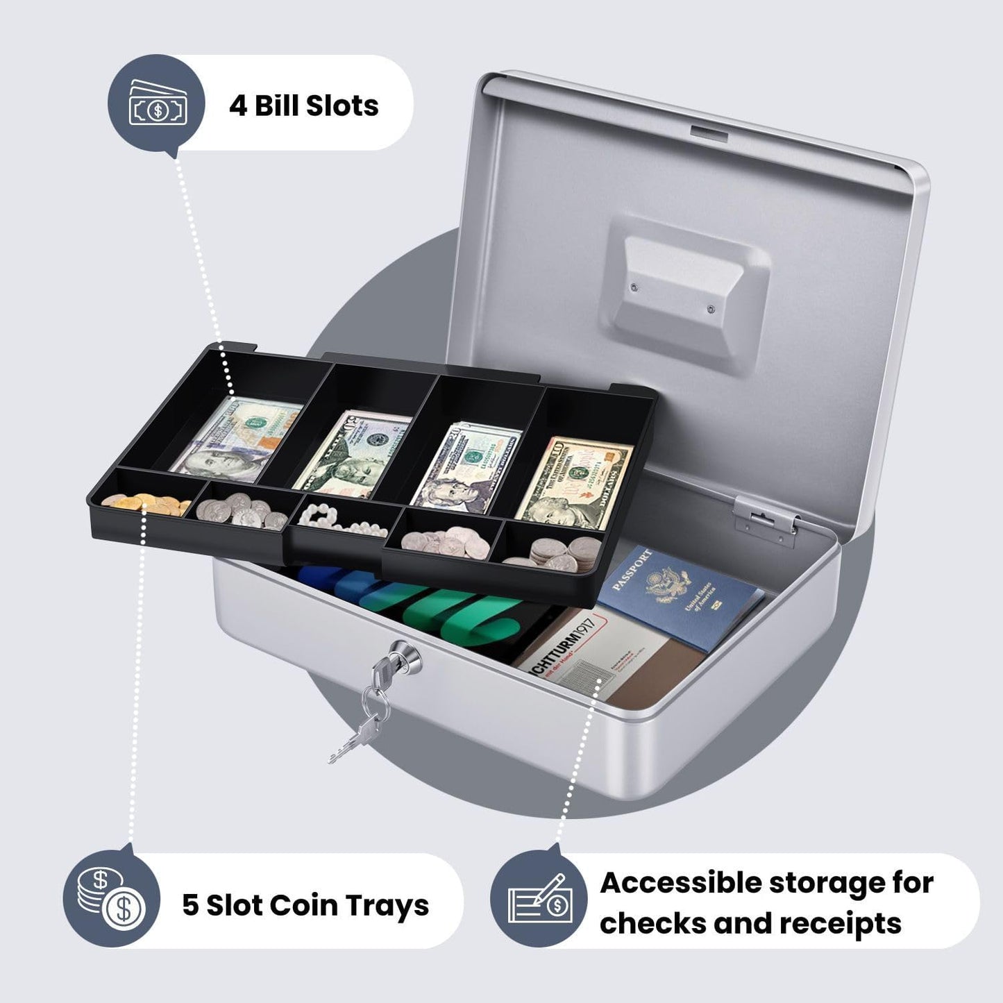 Flexzion Cash Box with Money Tray and Lock - Metal Cash Box for Small Businesses, 9-Compartment Silver Money Box with Removable Tray and Key, Portable Storage for Checks and Coins