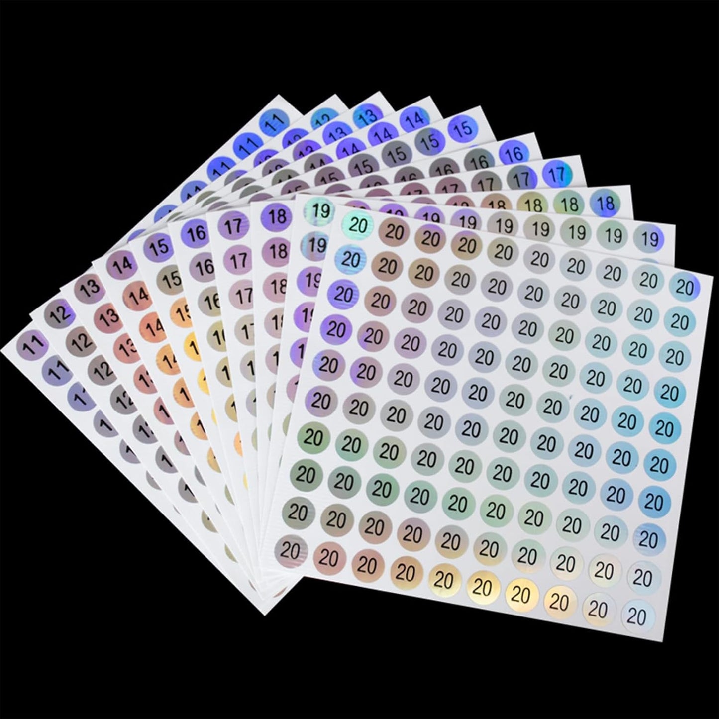 20 Sheets 1 to 20 Waterproof Reflective Laser Number Stickers,Round Self Adhesive Stickers/Inventory/Storage Organizing Sticker