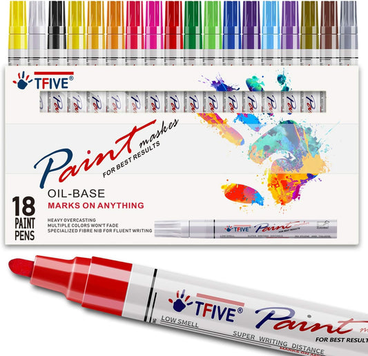 TFIVE Paint Pens Paint Markers Never Fade Quick Dry and Permanent,18 Color Oil-Based Waterproof Marker Pen Set for Rock Painting, Stone, Ceramic, Wood, Fabric, Plastic, Canvas, Glass, Mugs