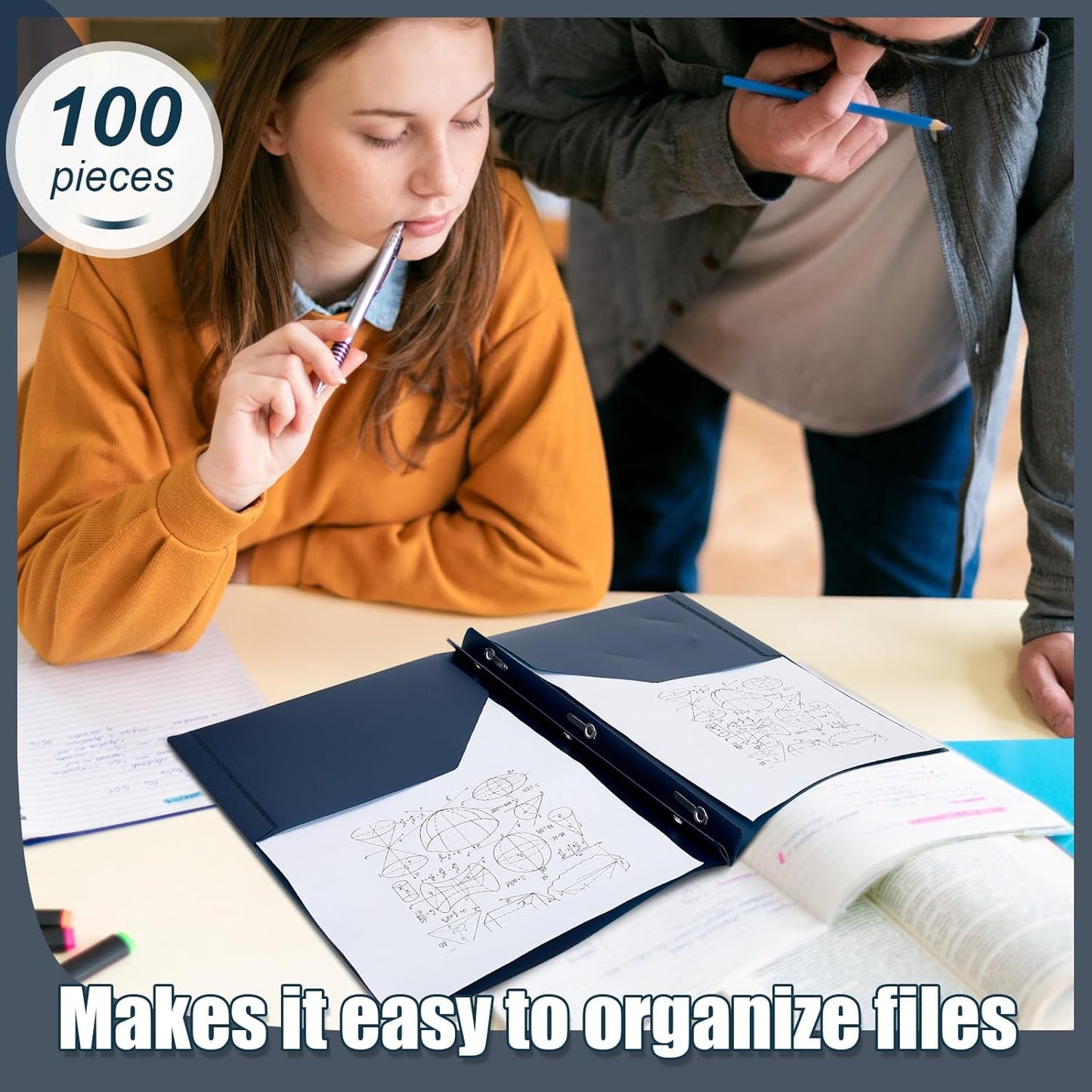 Lincia 100 Pcs Plastic Folders with Pockets and Prong Folders with Prongs Plastic Folders with 2 Pockets Pocket Folders for Office, School for Students, Teachers, Office Workers (Navy Blue)