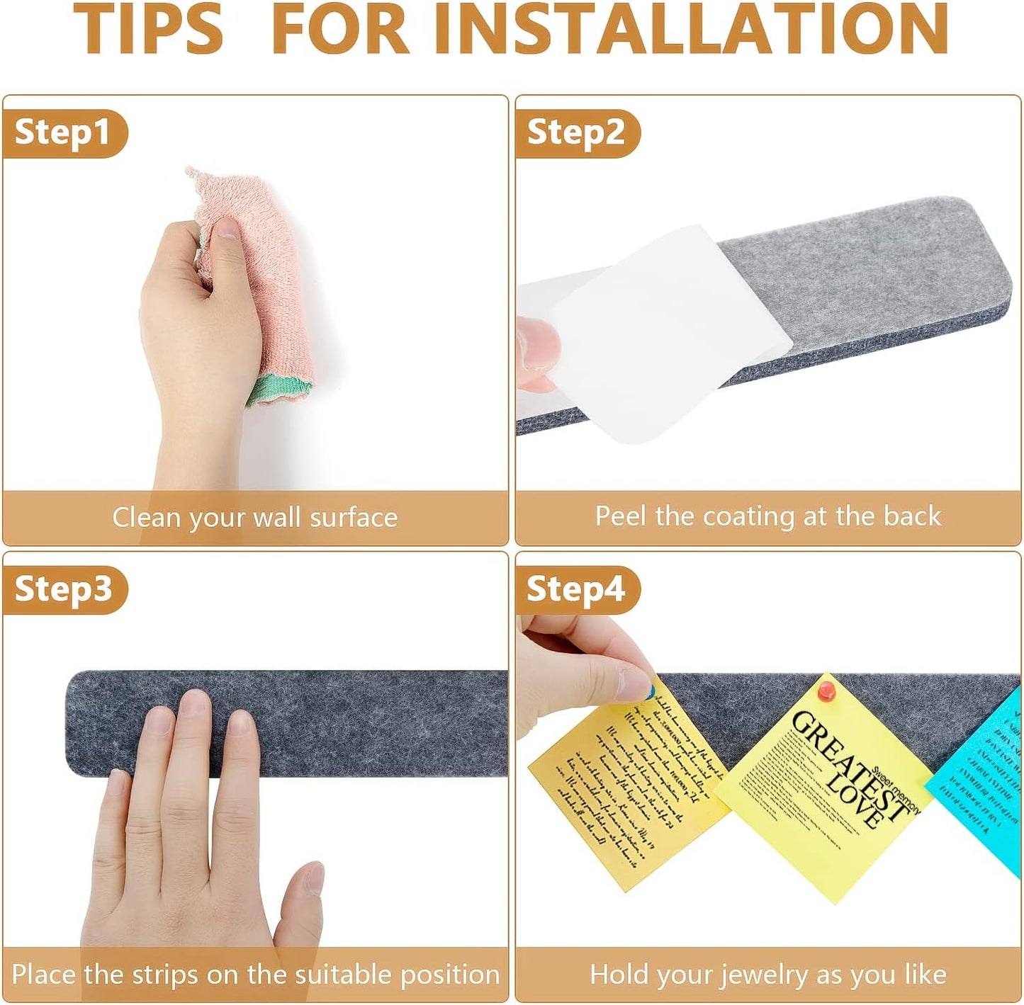 8 Packs Felt Pin Board Bar Strips Bulletin Board for Bedrooms Offices Home Wall Decoration, Notice Board Self Adhesive Cork Board with 50 Push Pins for Paste Notes, Photos, Schedules