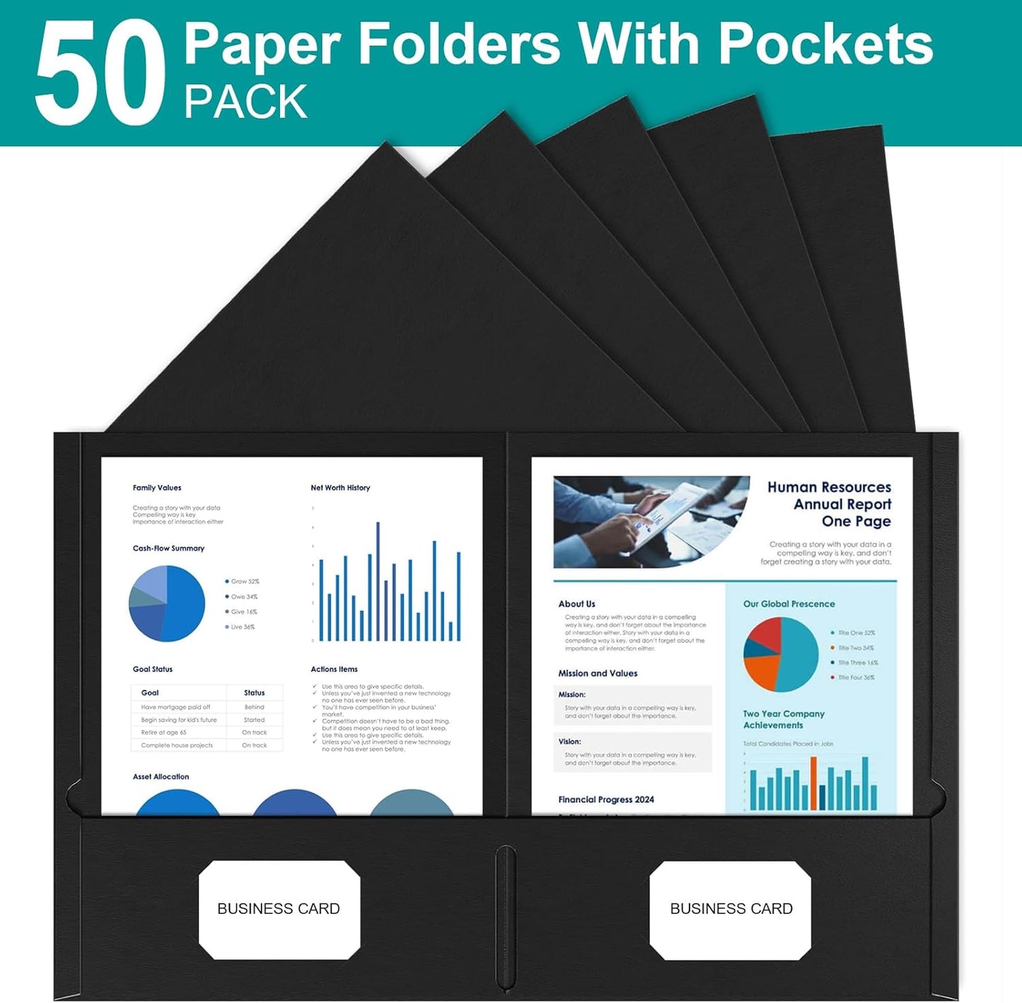 HABGP Two Pocket Folders, 50 Pack 2 Pocket Folders Fit Letter Size Paper, Black Paper File Folders with Pockets for School Office Home Business