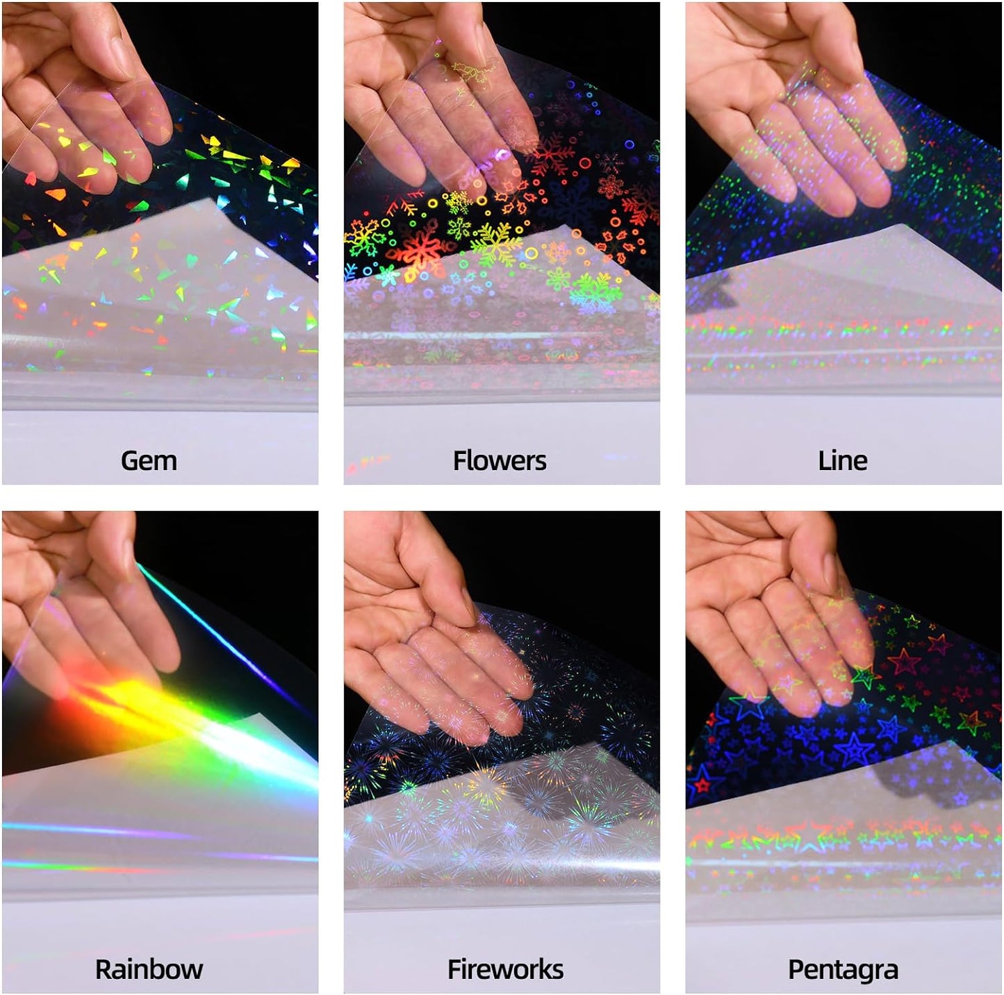 36 Sheets Holographic Sticker Paper, Clear Vinyl Laminate Film for Stickers Waterproof, Transparent Overlay Lamination Sticker Paper Self-Adhesive, 6 Patterns-8.5x11 Inch