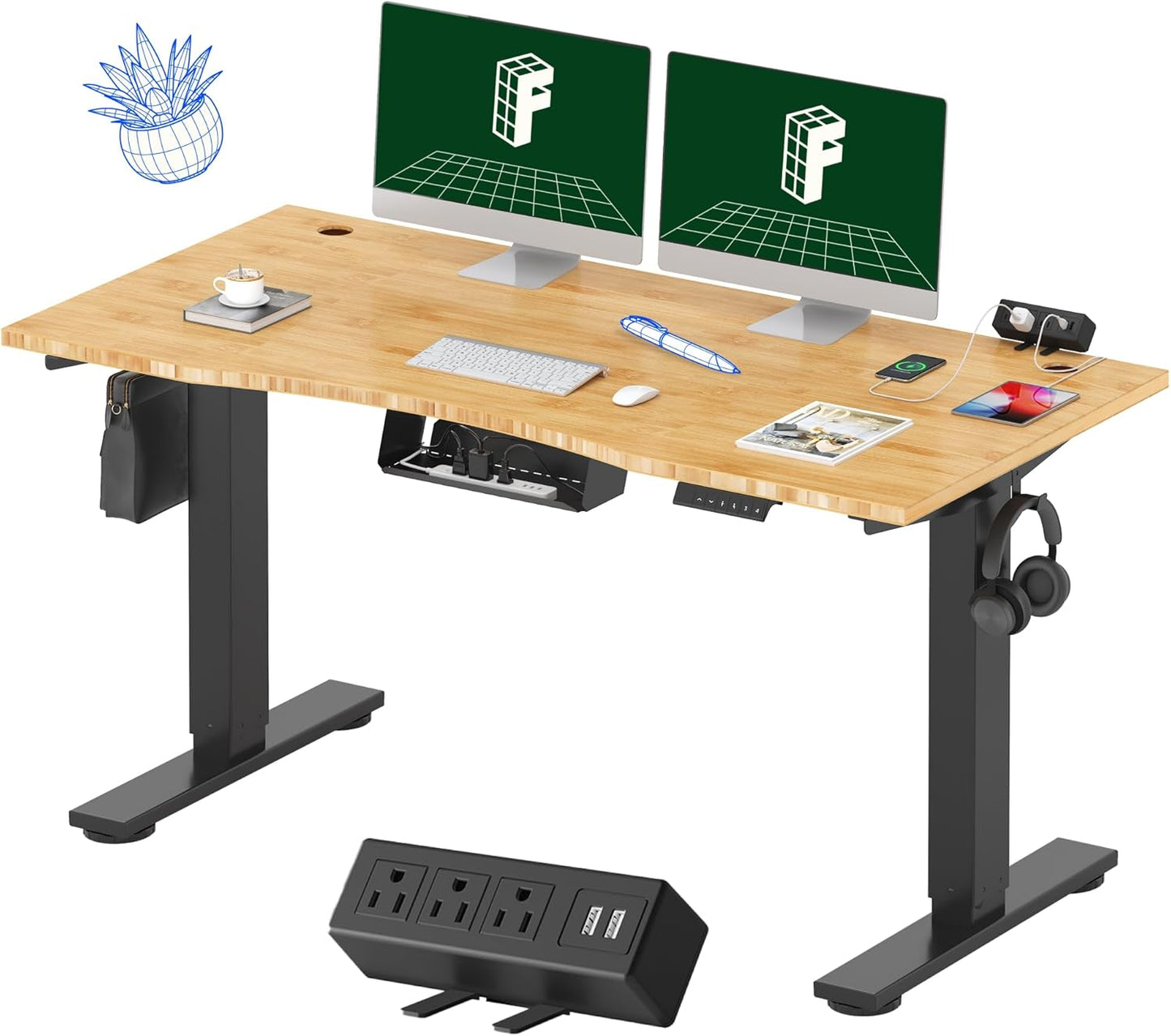 FLEXISPOT EN2 Whole-Piece Bamboo Standing Desk with Clamp Power Strip, 55 x 28 Electric Stand Up Height Adjustable Desk with Cable Management (Black Frame + 55" Bamboo Top, 2 Packages)