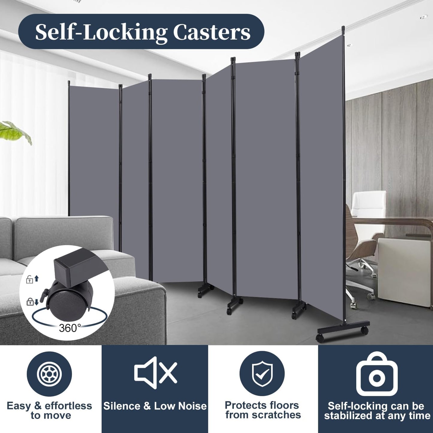 Room Divider Folding Privacy Screens with Lockable Wheels, 132'' Fabric Partition Room Dividers Freestanding Room Divider Panel for Room Separation, Wall Divider for Home Office Bedroom Studio Decor