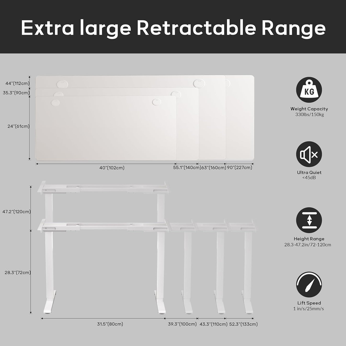 Dual Motor Electric Adjustable Standing for up to 90″ x 44″Desktop,330 lbs Weight Capacity,Computer Desk for Home and Office, White Frame Only