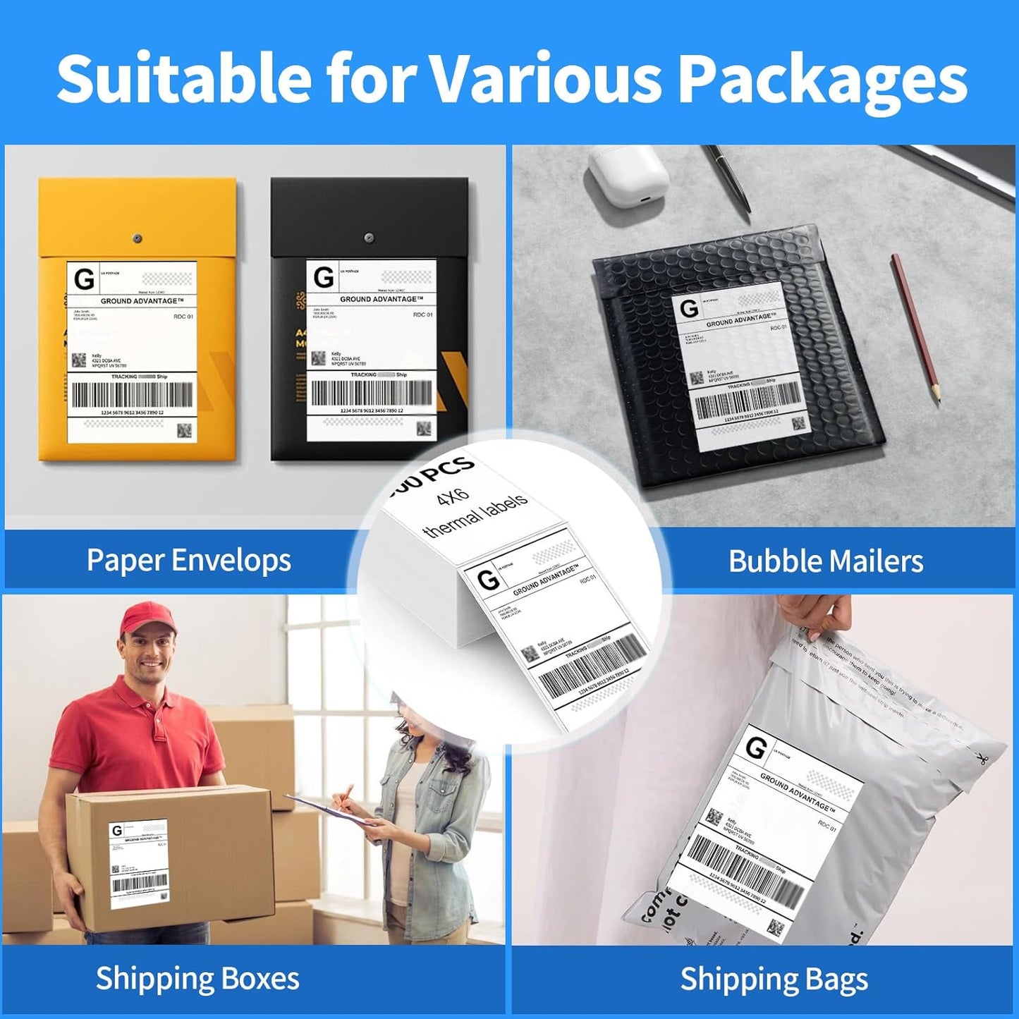 4"×6" Direct Thermal Shipping Label, Fanfold Thermal Label 2000 Packs (500packs Per Stack) Permanent Adhesive, Compatible with Zebra, Rollo, Jadens, Nelko