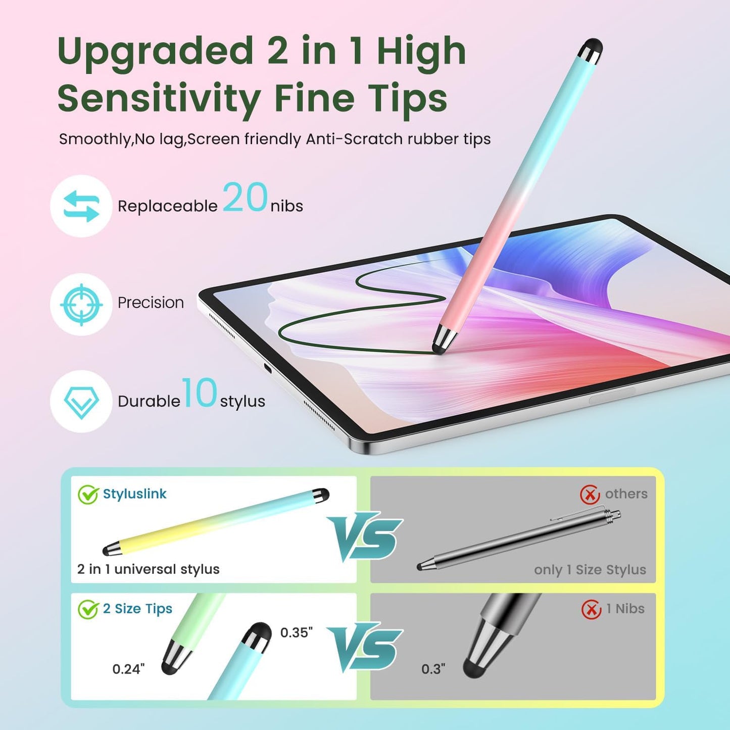 Stylus Pen for Touchscreen,10 Pack Gradient Colors,2 in 1 Stylus, High Sensitivity and Precision, Stylus Pen for ipad,iPhone, Android,Samsung,Galaxy Microsoft,Kindle All Capacitive Touch Screens