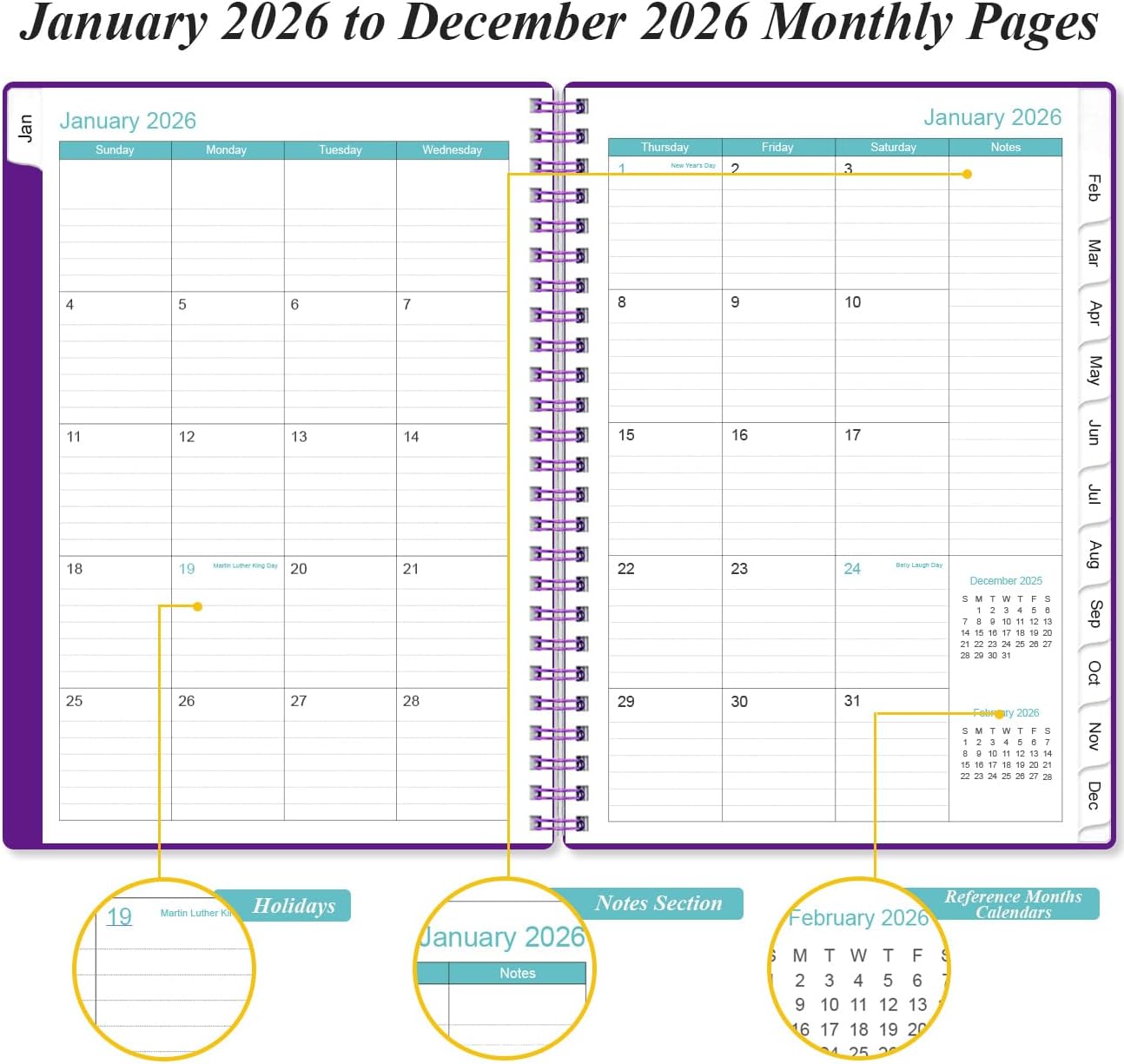 2026 Planner - Weekly and Monthly Calendar Planner from Jan 2026 - Dec 2026, Planner 2026 Spiral Bound with 12 Monthly Tabs, Inner Pocket, Perfect for School Office Supplies, 6.4" x 8.5", Purple-C