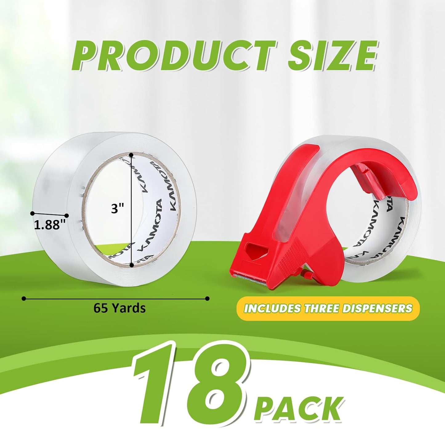 KAMOTA Packing Tape, 18 Rolls Heavy Duty Clear Packaging Tape for Shipping Packaging Moving Sealing, 1.88 inches Wide, 65 Yards Per Roll, Total 1170 Yards with 3 Dispensers