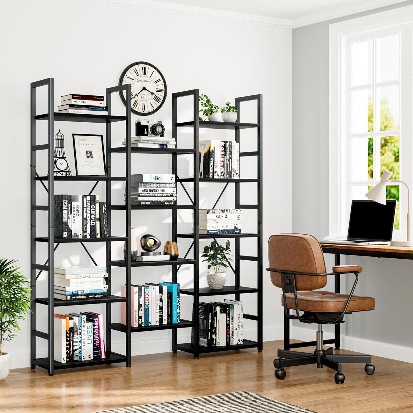 NUMENN Triple Column 5 Tier Bookshelf, Bookcase with 14 Open Display Shelves, Adjustable Rustic Industrial Style Book Shelves, Modern Bookshelves for Bedroom, Living Room and Home Office, Black
