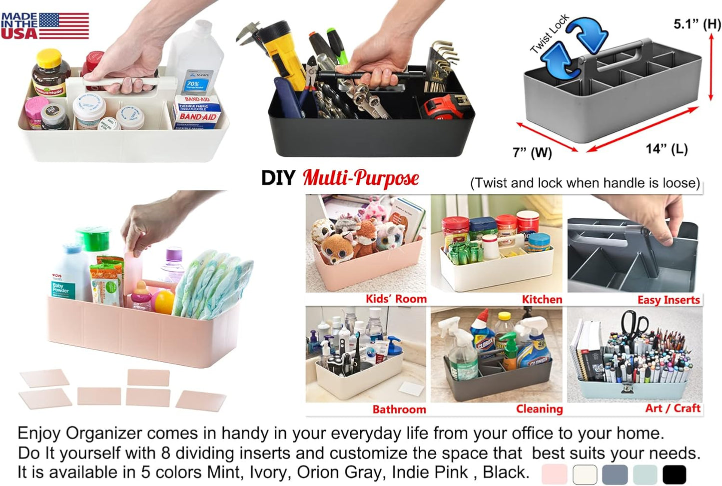 -Large Portable Caddy, DIY Dividers, 8 Compartments, School Office Supplies Home Business Organizer,Portable Basket with Handle Made in USA (4 PACK, Royal Purple)