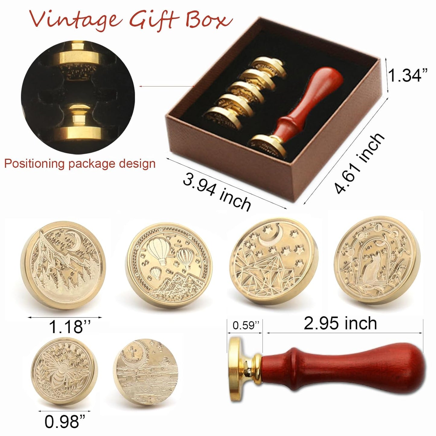 Wax Seal Stamp Kit, 6 Pcs Wax Seal Stamp Head 1 Wooden Hilt Letter Wax Seal Kit, Sealing Wax Stamp Seal Set Include Bee/Cat/Mountain/Sea/Moon Envelope Sealing Wax Stamps for Wedding Invitation