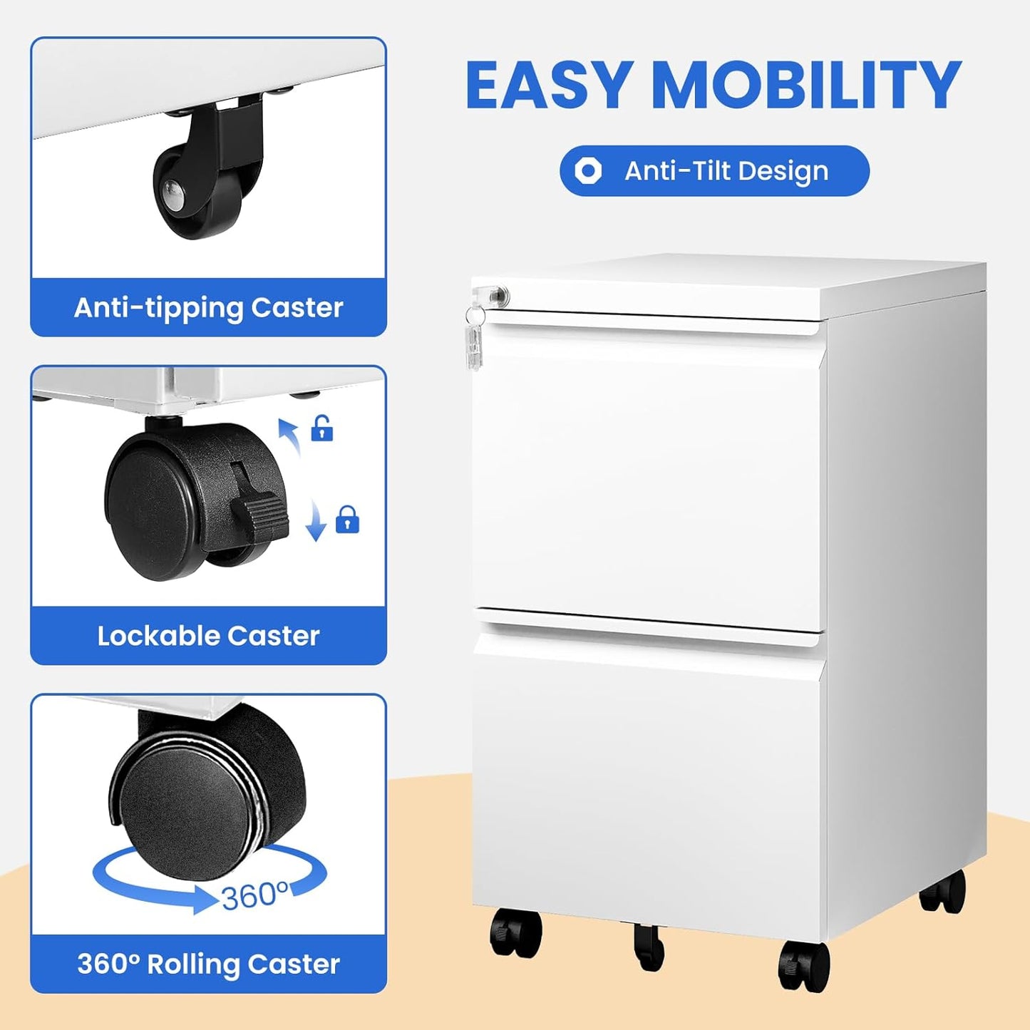 MIIIKO 2 Drawer File Cabinet on Wheels, Home Office Mobile File Drawers Under Desk, Filing Cabinets with Drawers for Legal/Letter/A4 File Folders(White),Un-Assembled