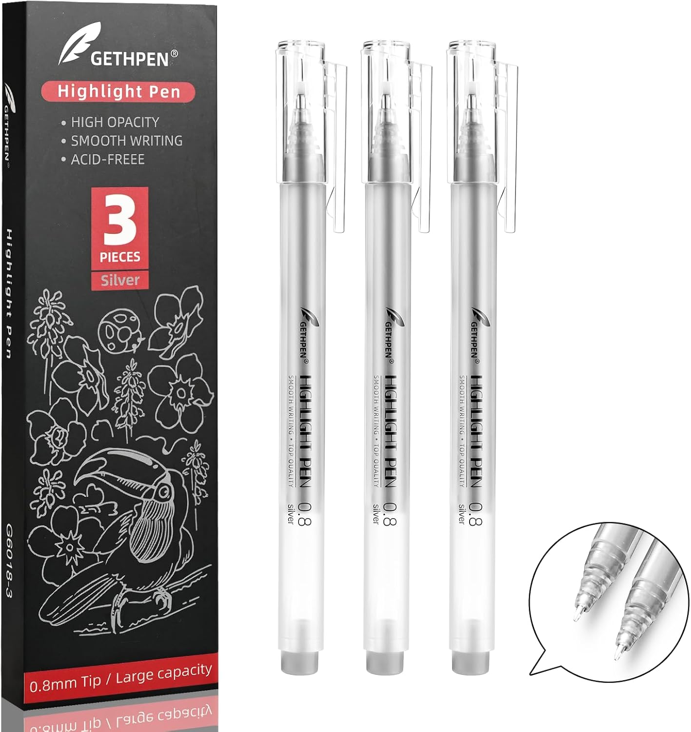 Silver Gel Pens, 0.8mm Fine Point Gel Ink Pen Set for Artists – Opaque Archival Ink for Black Paper Drawing, Card Making, Journaling Pack of 3