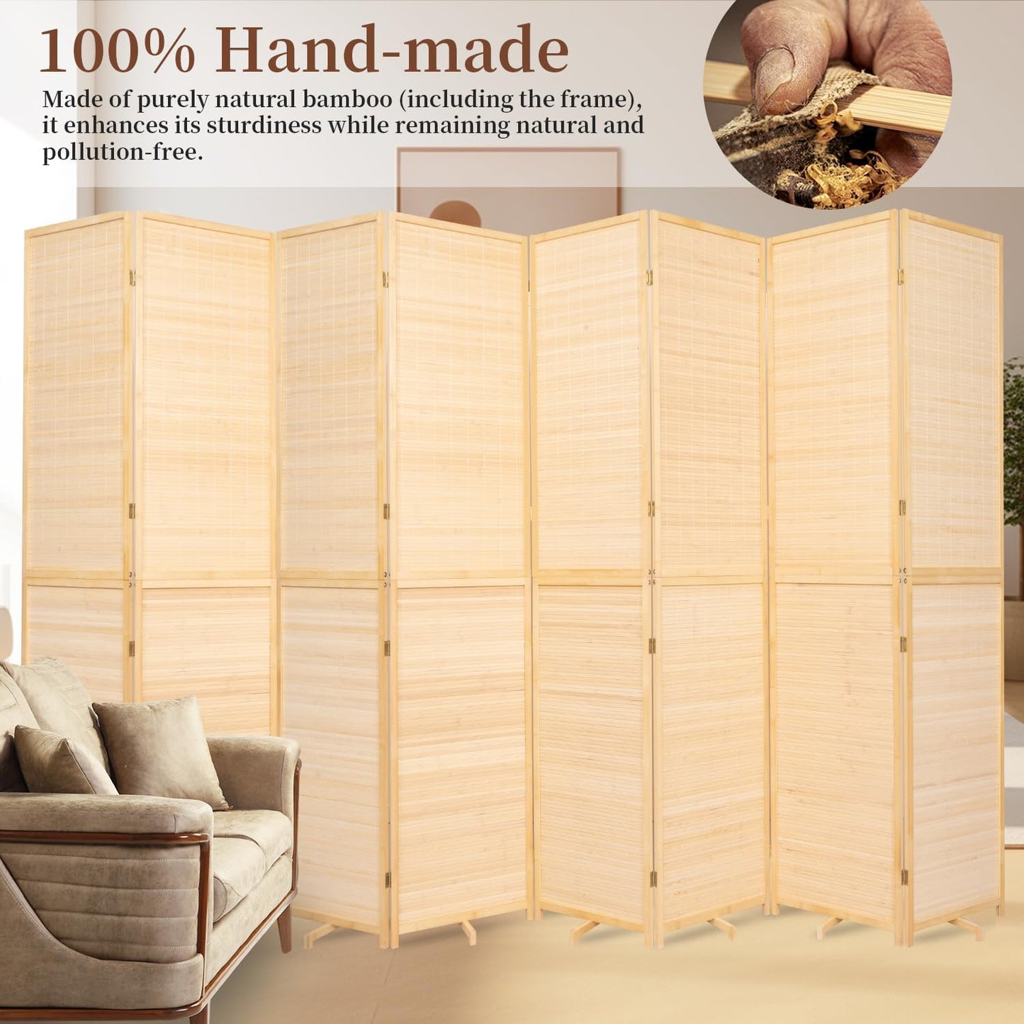 Bamboo Room Divider 8 Panel Wall Divider, 142'' W x 67'' H Folding Design with Extra Stable Base, 100% Bamboo Room Divider Screen for Room Separation, Chinese Room Partitions and Dividers Freestanding
