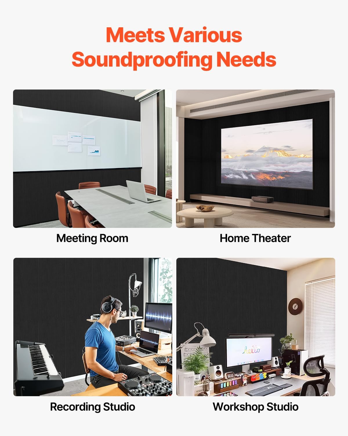 VEVOR 5 Pack Acoustic Panels with Self Adhesive, 47.2 x 23.6 x 0.4 inch Sound Proof Foam Panels, Polyester Fiber Soundproof Wall Panels High Density, for Home, Studio, Office, Theater, Black