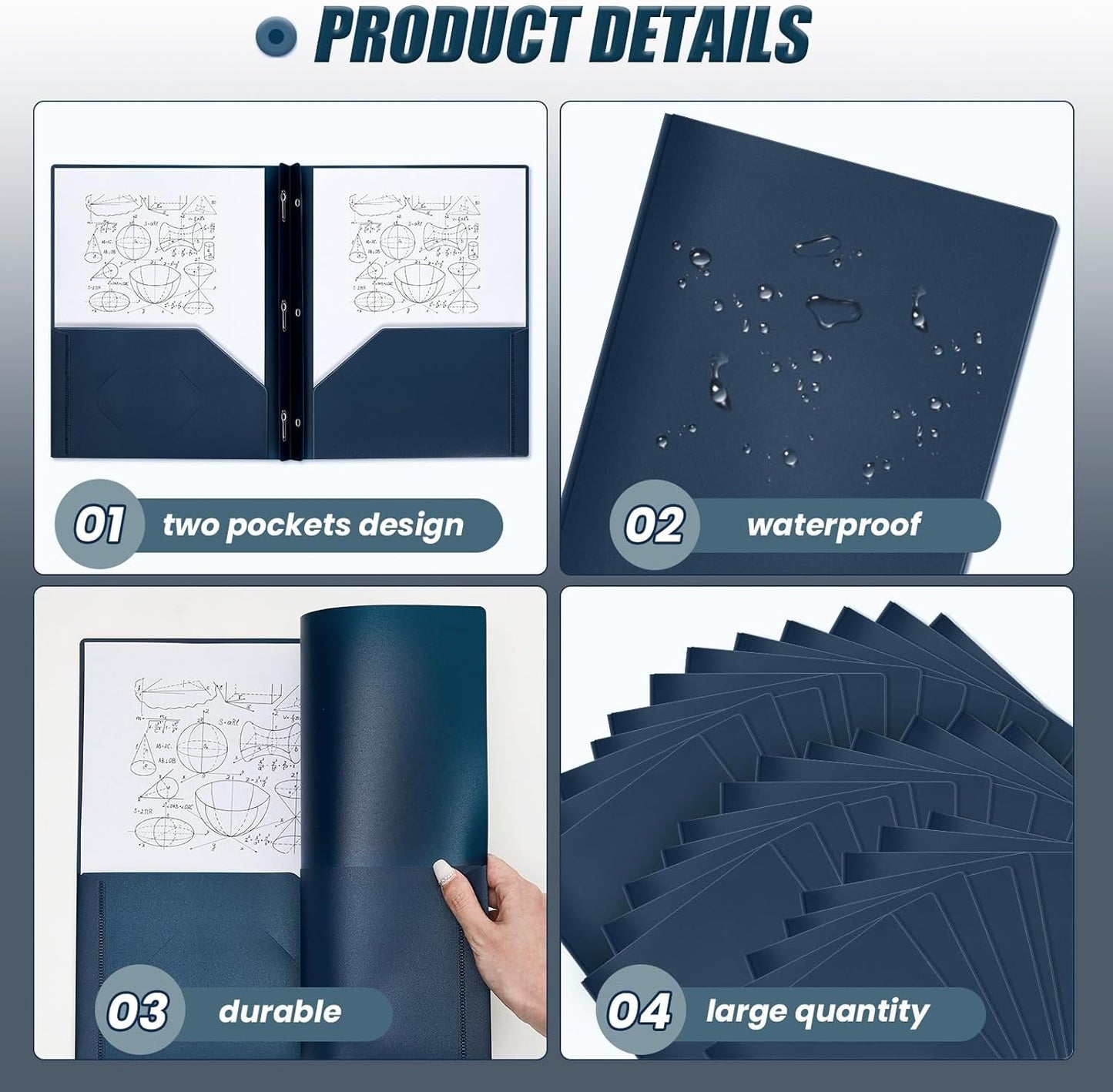 Lincia 100 Pcs Plastic Folders with Pockets and Prong Folders with Prongs Plastic Folders with 2 Pockets Pocket Folders for Office, School for Students, Teachers, Office Workers (Navy Blue)