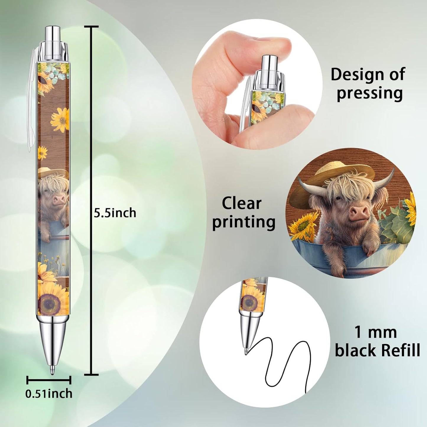 Idealmuzik 8 PCS Cute Highland Cow Print Pens, Cow Lovers Gifts, School Office Supplies, Gifts for Women Girls Teen Christmas New Year