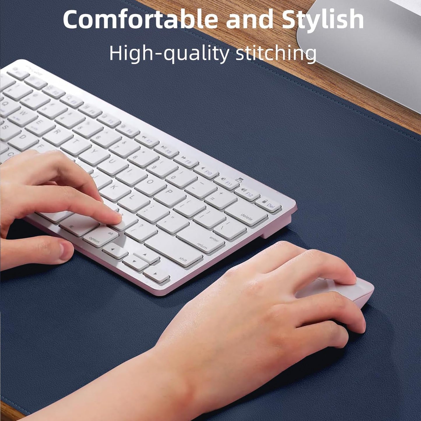 Leather Desk Pad Protector Large Mouse Pad, Stitched Locking Edge Laptop Computer Desk Mat Blotter, Non-Slip Waterproof Durable Writing Pad for Office and Home (Dark Blue, 80 x 40cm)