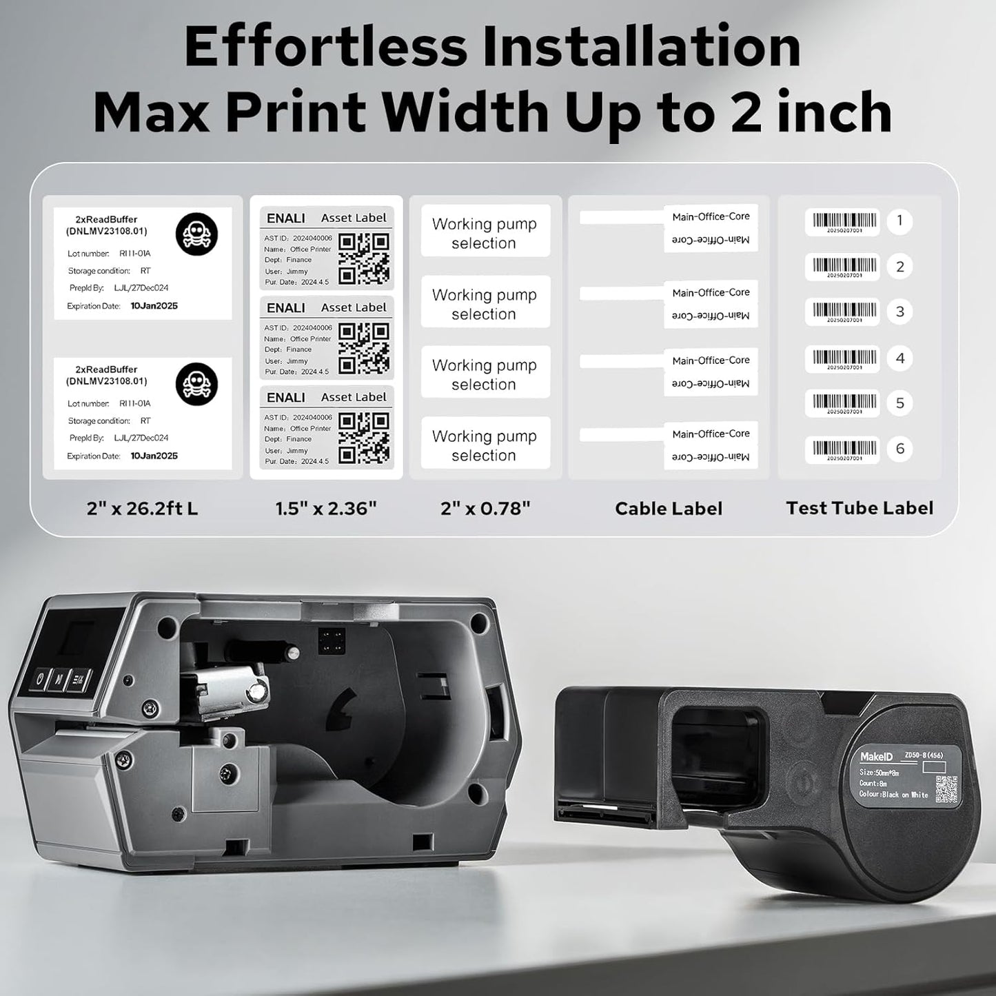 Makeid D50 Industrial Label Printer, Desktop Label Maker 2" Print Head, Mobile APP & PC Editor Compatible, 2600mAh Li-ion Battery, Come with 1.97" W x 26.24ft L Label Heavy-Duty Labeler for Job Sites